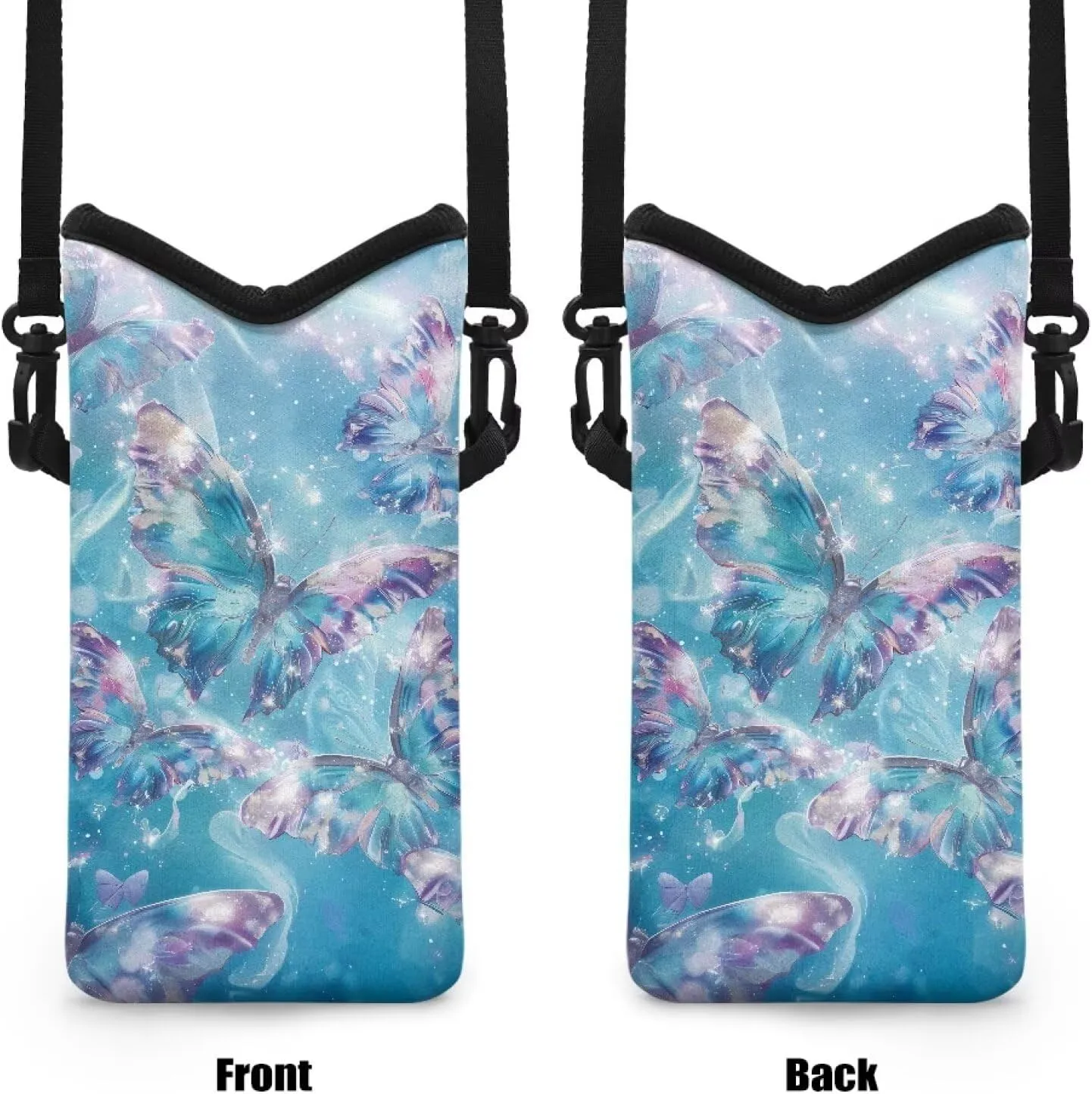 Neoprene Cellphone Crossbody Bag Shockproof Phone Bag Waterproof Phone Carry Pouch with Crossbody Strap for Cellphone, Keys, Lipstick, Cashes, Glittering Butterfly Print Blue
