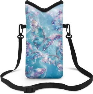 Neoprene Cellphone Crossbody Bag Shockproof Phone Bag Waterproof Phone Carry Pouch with Crossbody Strap for Cellphone, Keys, Lipstick, Cashes, Glittering Butterfly Print Blue