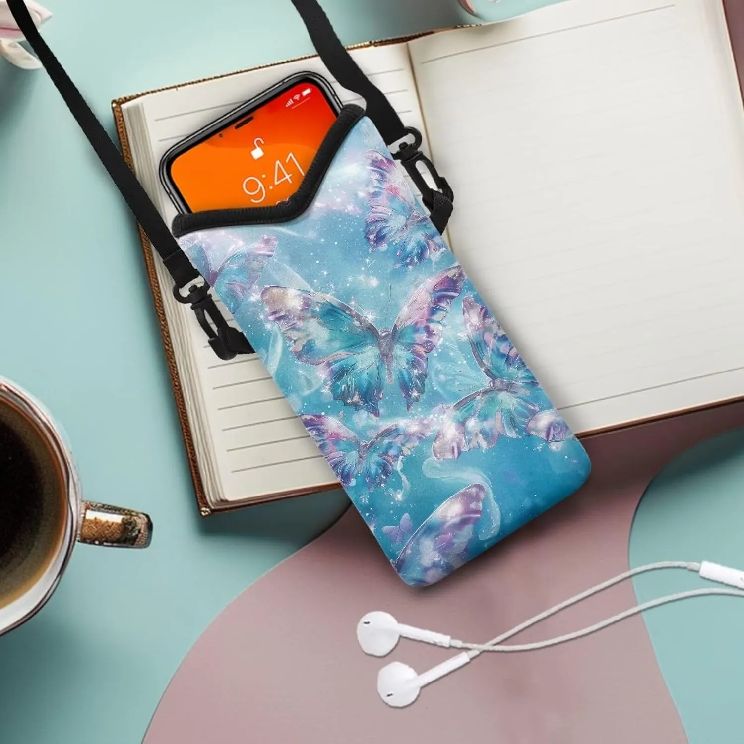 Neoprene Cellphone Crossbody Bag Shockproof Phone Bag Waterproof Phone Carry Pouch with Crossbody Strap for Cellphone, Keys, Lipstick, Cashes, Glittering Butterfly Print Blue