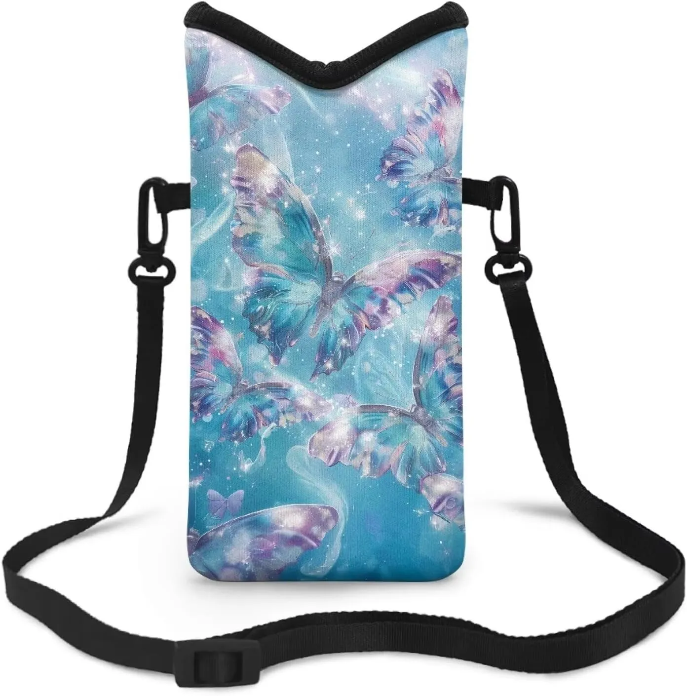 Neoprene Cellphone Crossbody Bag Shockproof Phone Bag Waterproof Phone Carry Pouch with Crossbody Strap for Cellphone, Keys, Lipstick, Cashes, Glittering Butterfly Print Blue