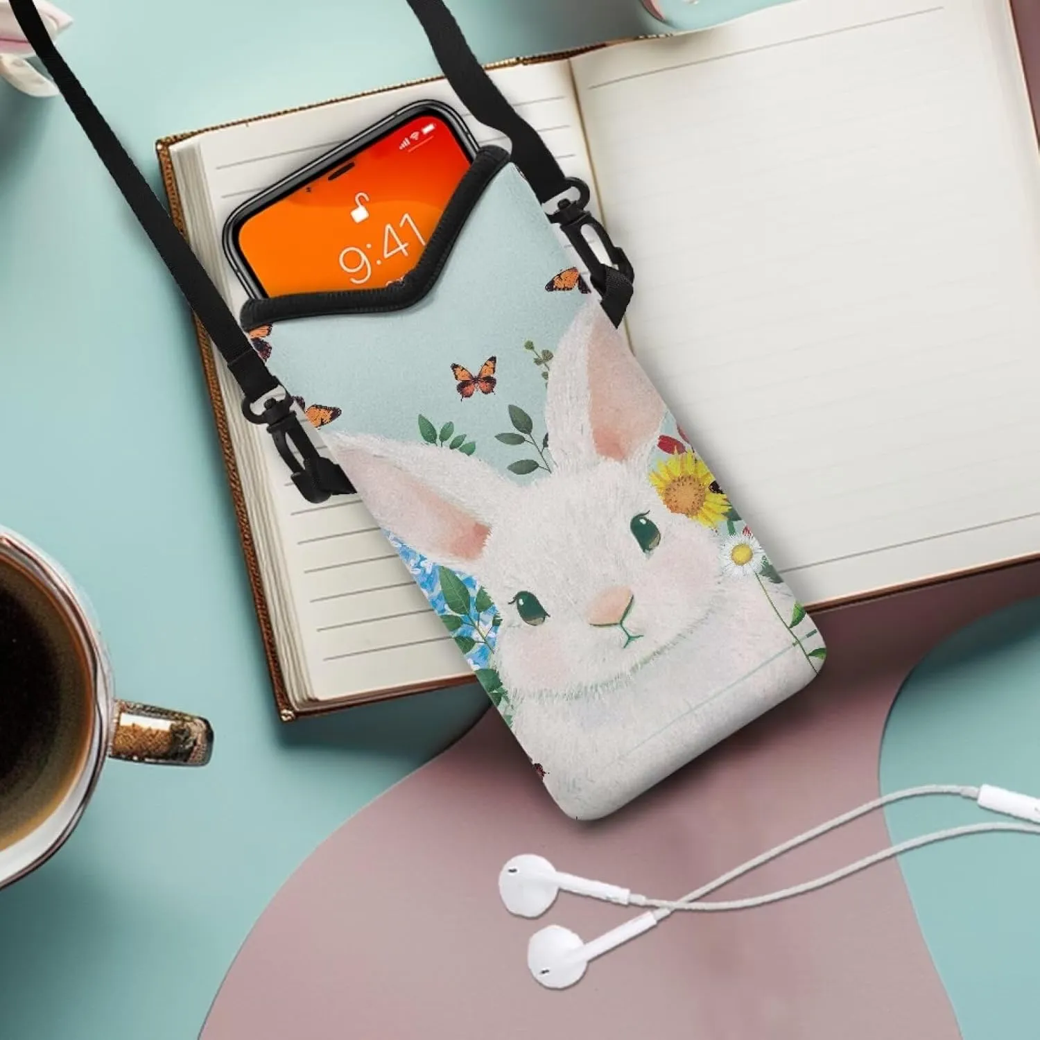Neoprene Crossbody Phone Bag Small Shoulder Bag Lightweight Travel Bag with Removable Adjustable Strap for Cellphone, Keys, Lipstick, Lovely White Rabbit Flower Butterfly