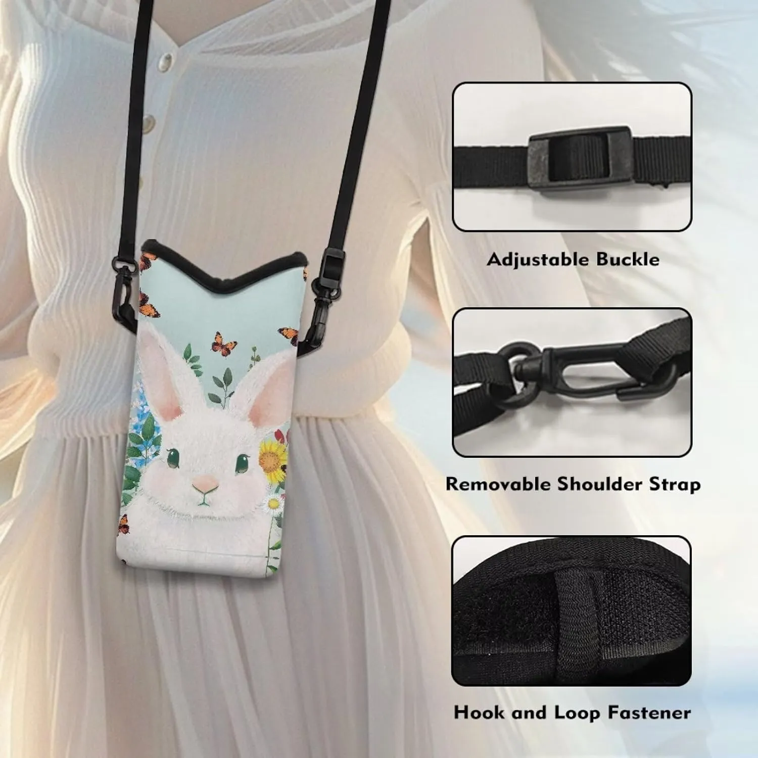Neoprene Crossbody Phone Bag Small Shoulder Bag Lightweight Travel Bag with Removable Adjustable Strap for Cellphone, Keys, Lipstick, Lovely White Rabbit Flower Butterfly