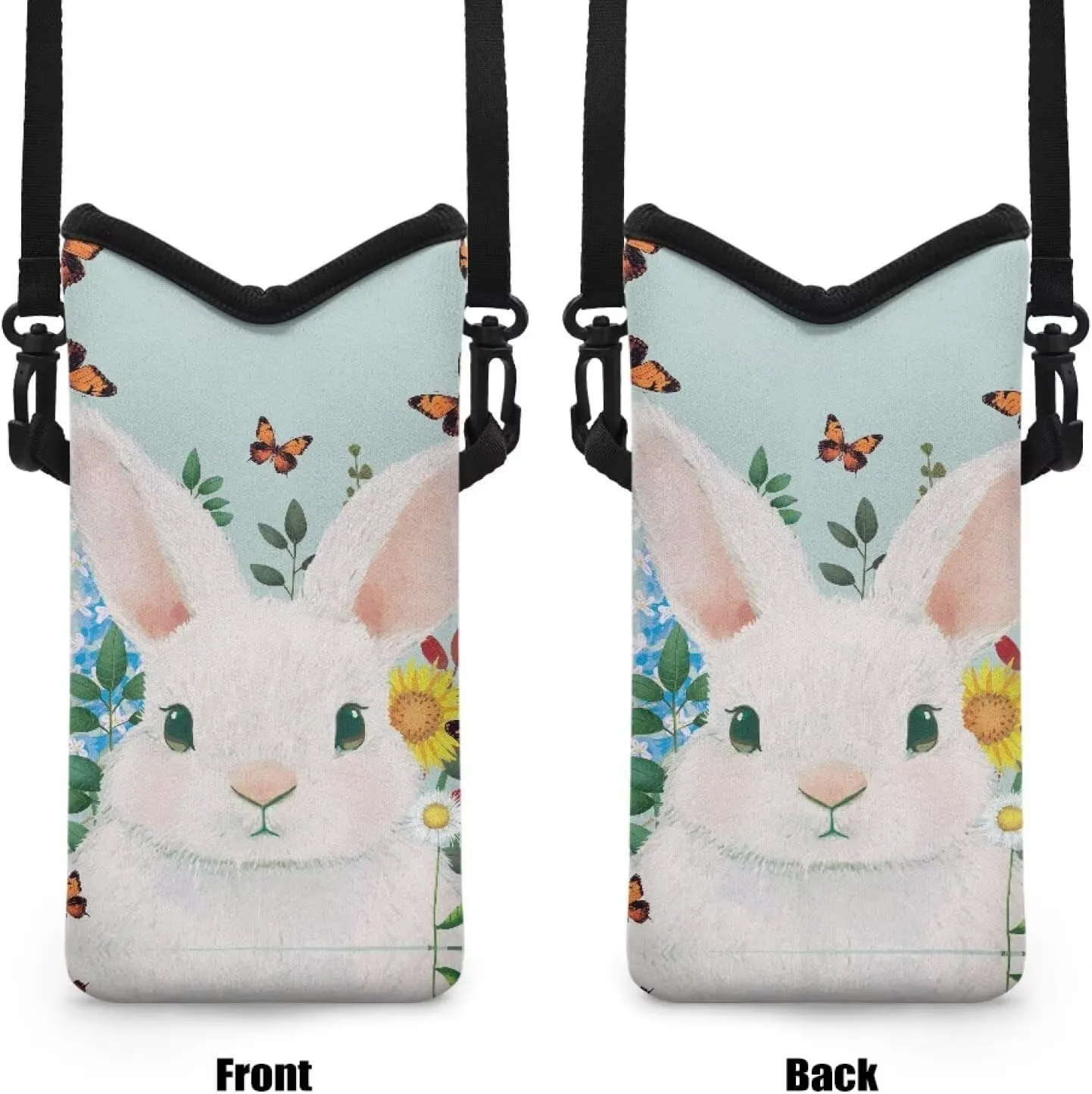 Neoprene Crossbody Phone Bag Small Shoulder Bag Lightweight Travel Bag with Removable Adjustable Strap for Cellphone, Keys, Lipstick, Lovely White Rabbit Flower Butterfly