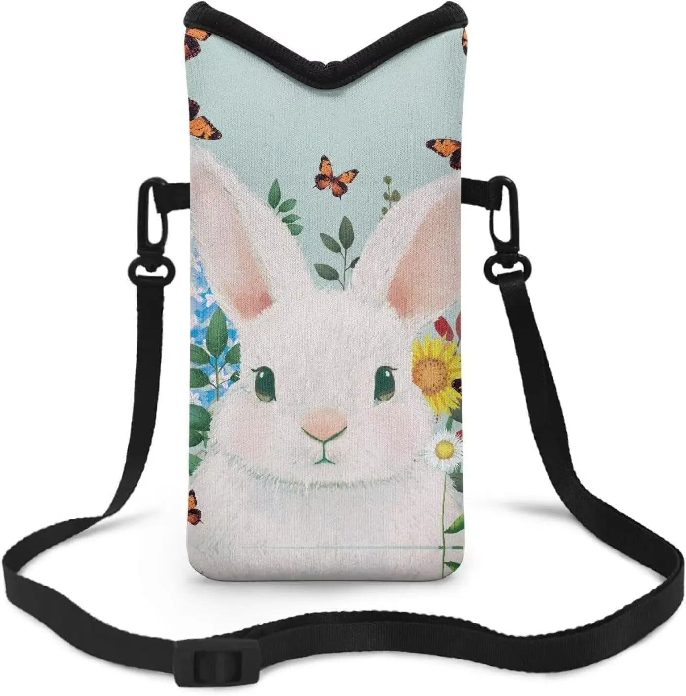 Neoprene Crossbody Phone Bag Small Shoulder Bag Lightweight Travel Bag with Removable Adjustable Strap for Cellphone, Keys, Lipstick, Lovely White Rabbit Flower Butterfly