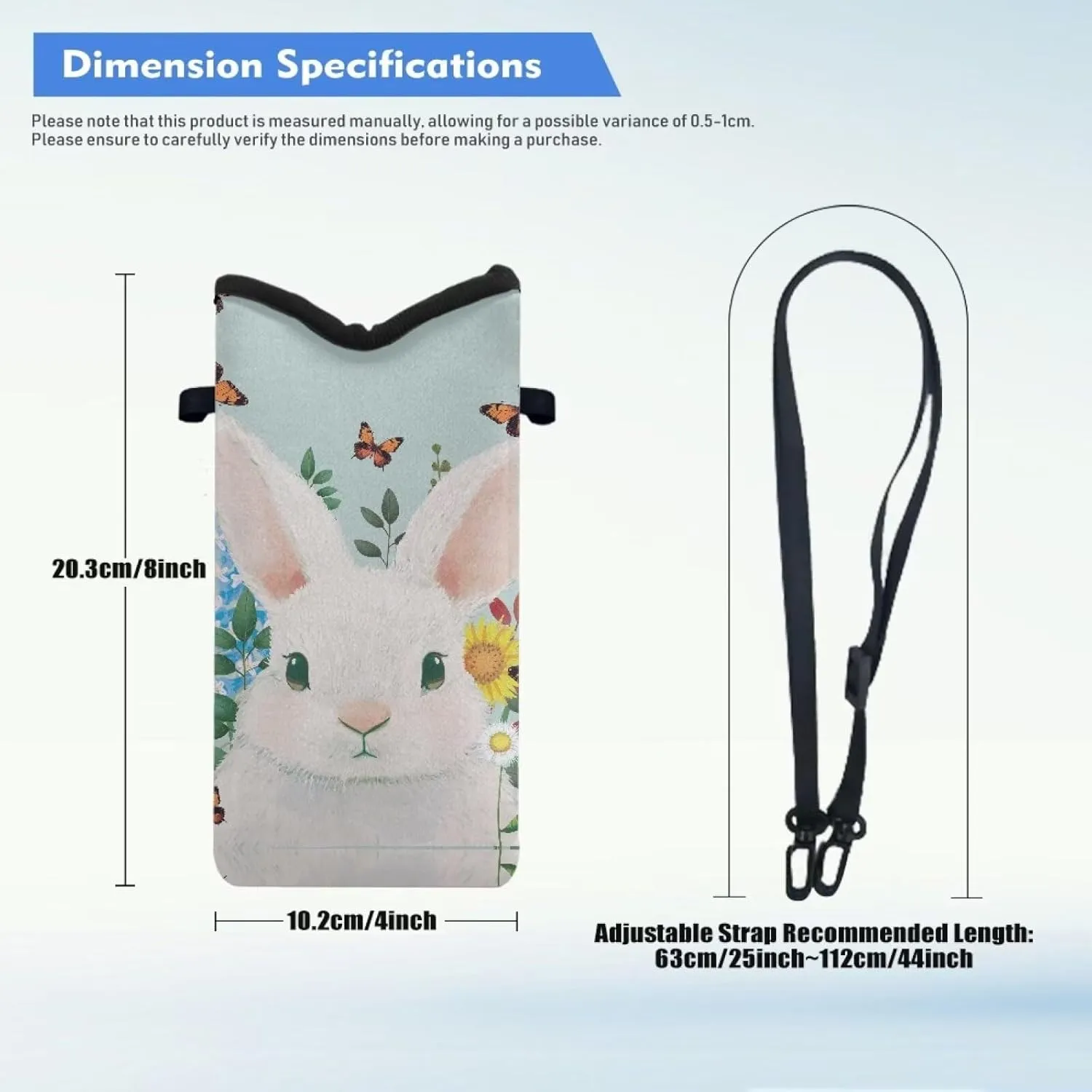 Neoprene Crossbody Phone Bag Small Shoulder Bag Lightweight Travel Bag with Removable Adjustable Strap for Cellphone, Keys, Lipstick, Lovely White Rabbit Flower Butterfly
