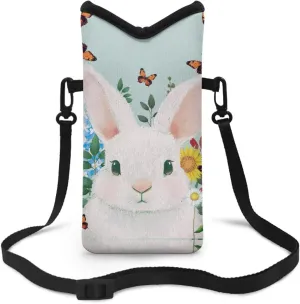 Neoprene Crossbody Phone Bag Small Shoulder Bag Lightweight Travel Bag with Removable Adjustable Strap for Cellphone, Keys, Lipstick, Lovely White Rabbit Flower Butterfly