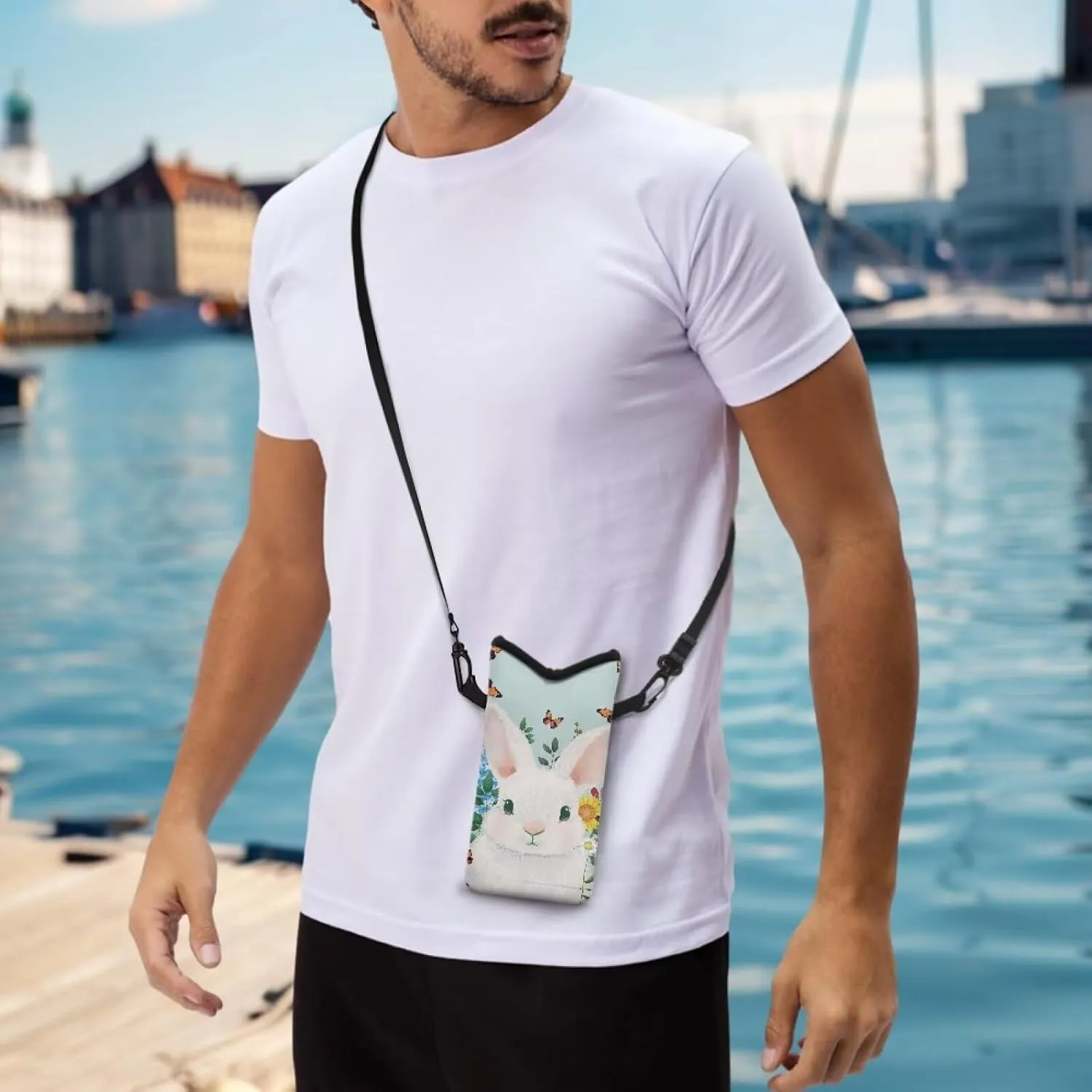 Neoprene Crossbody Phone Bag Small Shoulder Bag Lightweight Travel Bag with Removable Adjustable Strap for Cellphone, Keys, Lipstick, Lovely White Rabbit Flower Butterfly
