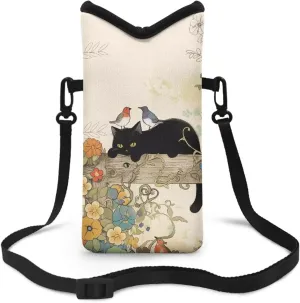 Neoprene Phone Pouch Bag Shockproof Crossbody Phone Purse Bag with Adjustable Strap Travel Essentials for Samsung Galaxy S24, S24 , A35, A25, S23 , Black Cat Bird Morning Glory Flower Beige