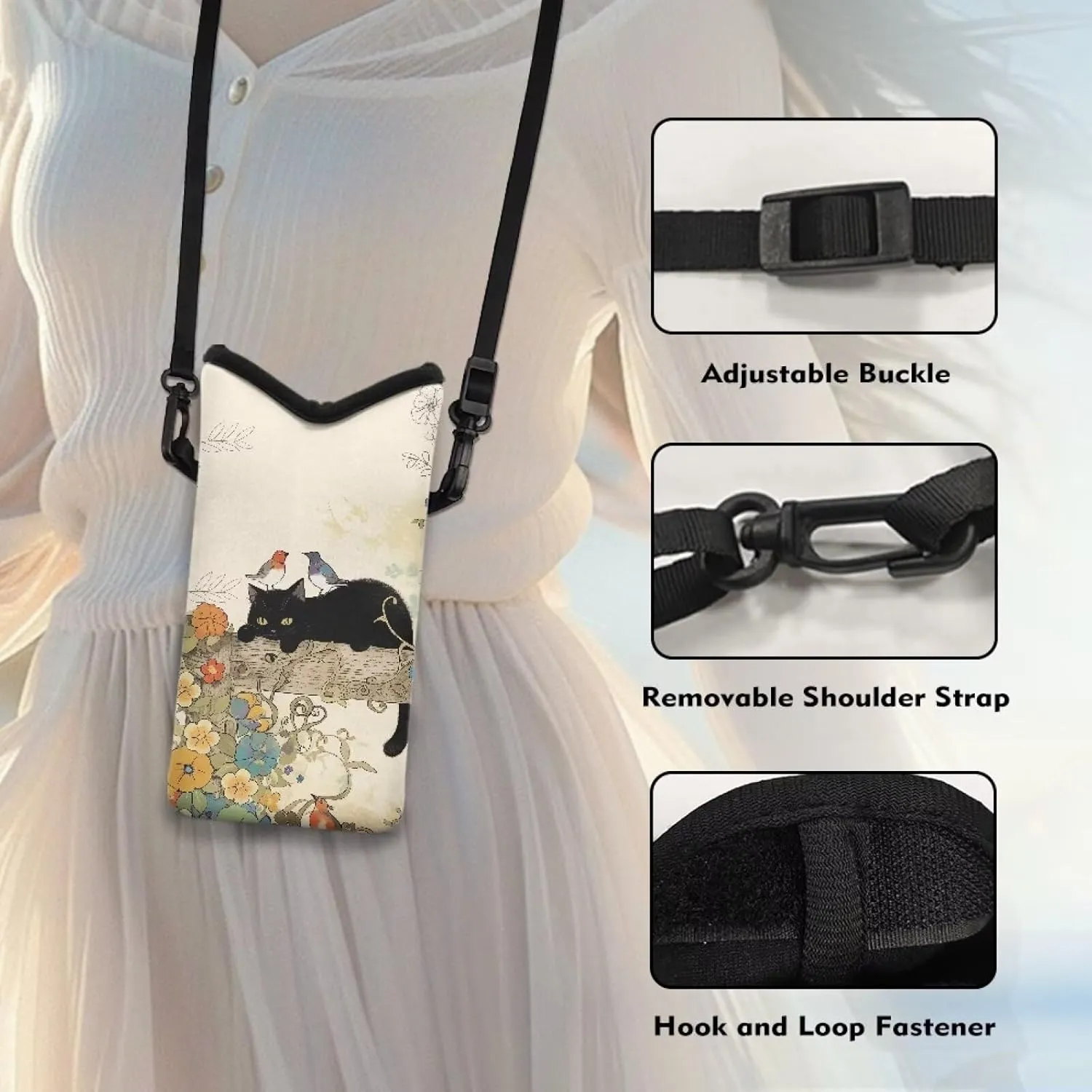 Neoprene Phone Pouch Bag Shockproof Crossbody Phone Purse Bag with Adjustable Strap Travel Essentials for Samsung Galaxy S24, S24 , A35, A25, S23 , Black Cat Bird Morning Glory Flower Beige