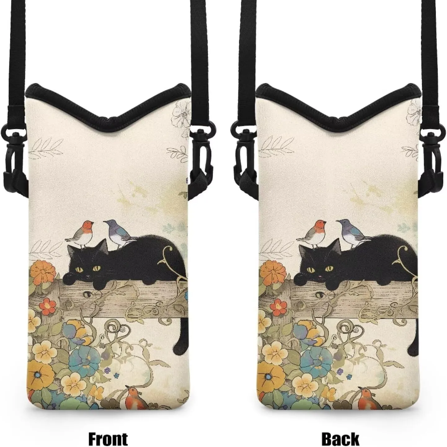 Neoprene Phone Pouch Bag Shockproof Crossbody Phone Purse Bag with Adjustable Strap Travel Essentials for Samsung Galaxy S24, S24 , A35, A25, S23 , Black Cat Bird Morning Glory Flower Beige