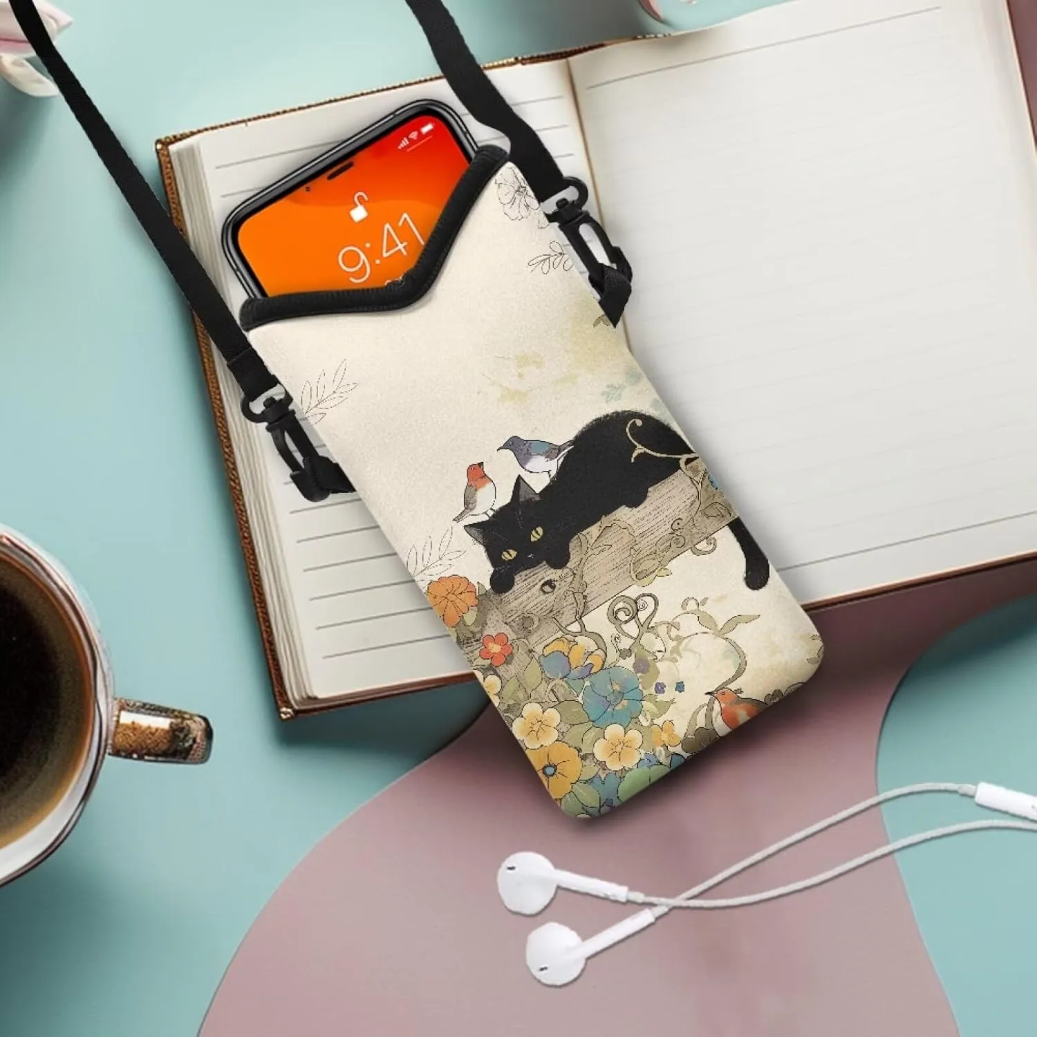 Neoprene Phone Pouch Bag Shockproof Crossbody Phone Purse Bag with Adjustable Strap Travel Essentials for Samsung Galaxy S24, S24 , A35, A25, S23 , Black Cat Bird Morning Glory Flower Beige