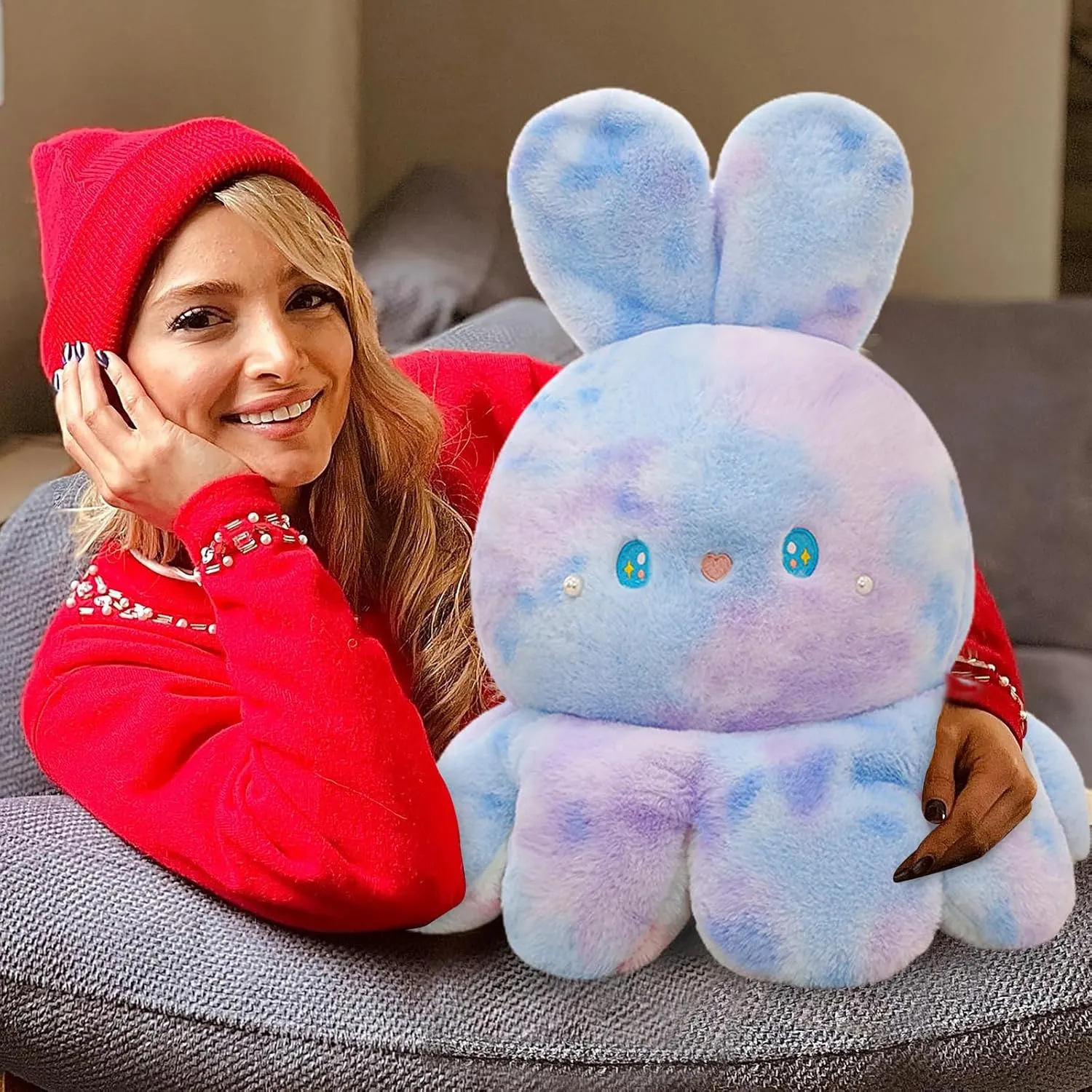 Octopus Rabbit Reversible Stuffed Animal Plushie - Kids Cute and Soft Plush Pillow Toy - Toddlers & Children’s Ideal Gift - Cozy Embraceable Companion (Purple-Green,19 inch)