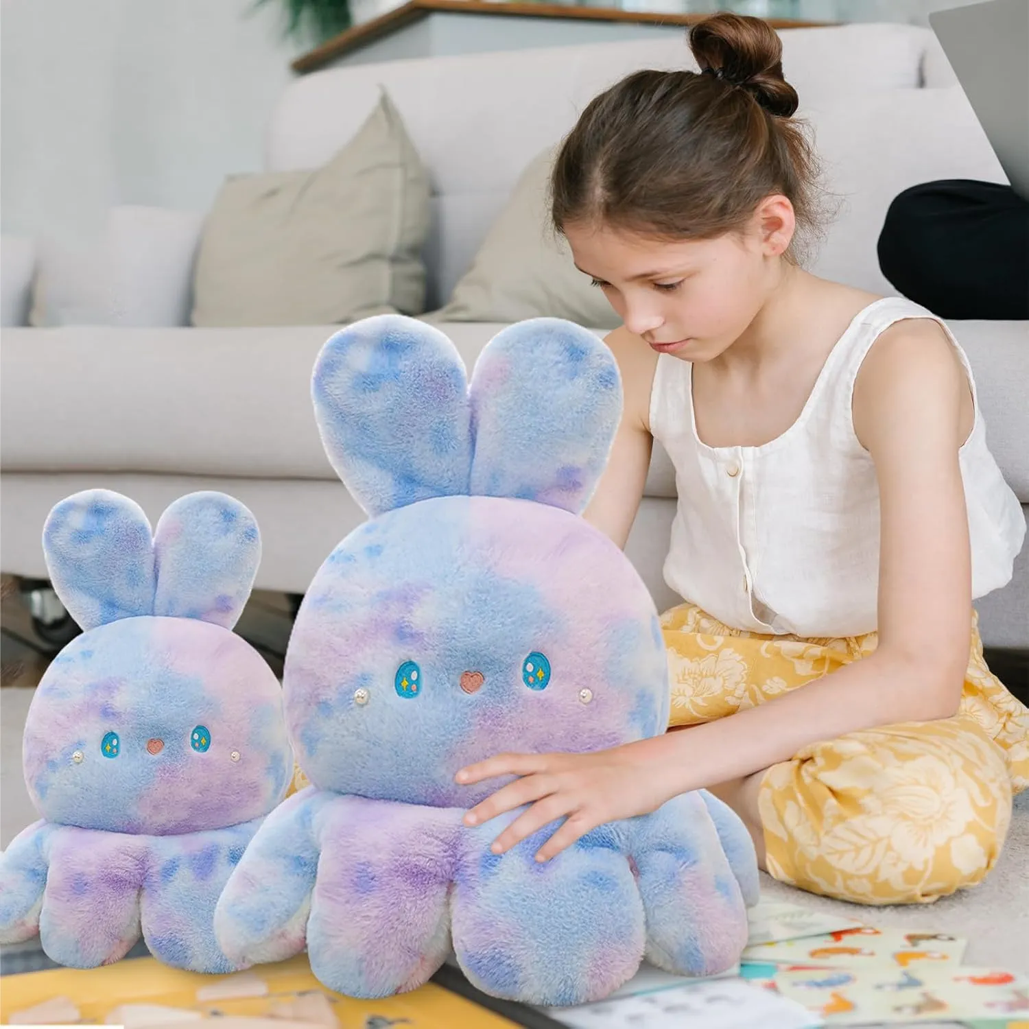 Octopus Rabbit Reversible Stuffed Animal Plushie - Kids Cute and Soft Plush Pillow Toy - Toddlers & Children’s Ideal Gift - Cozy Embraceable Companion (Purple-Green,19 inch)