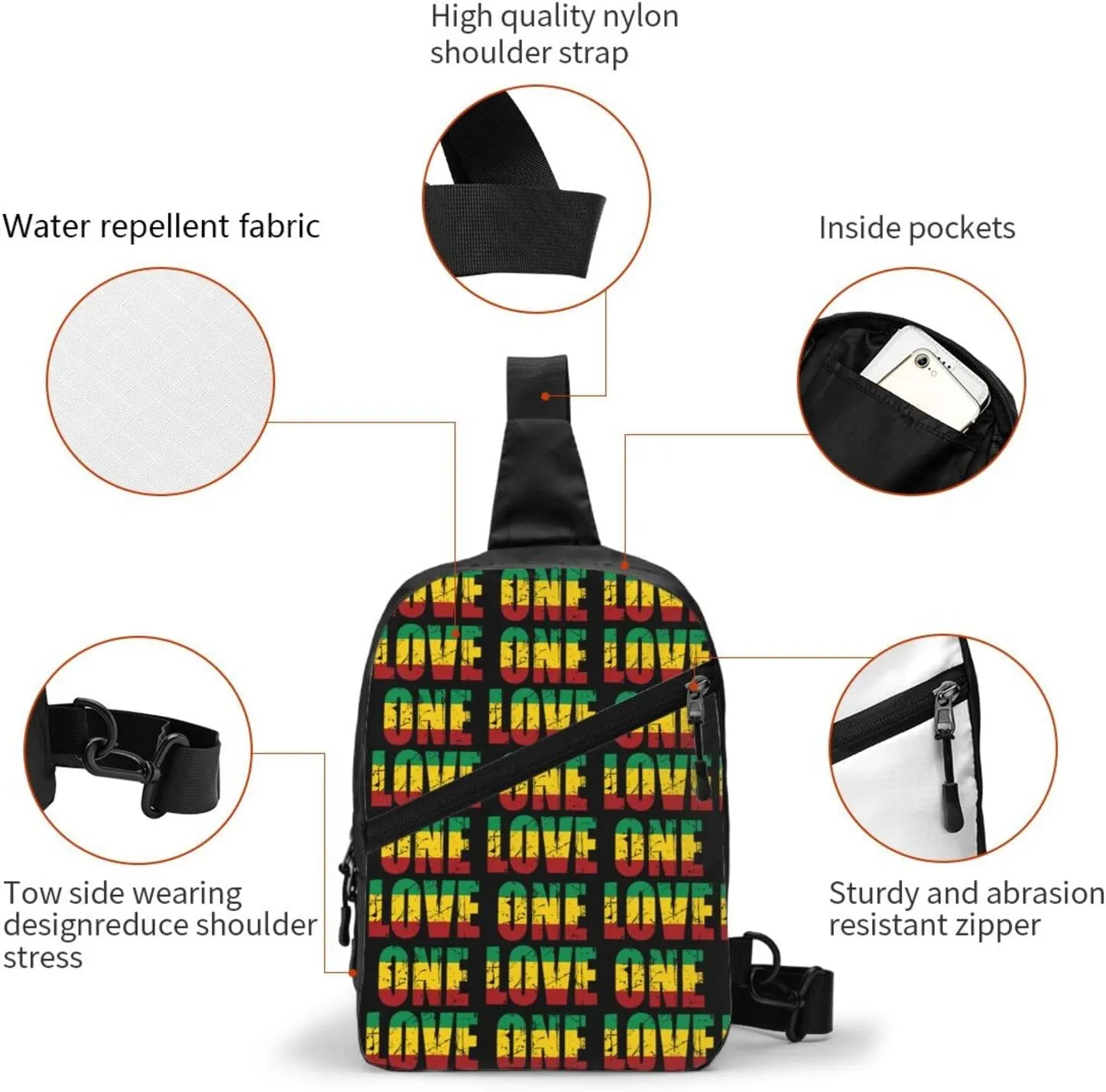 One Loves Jamaican Rasta Reggae Portable Sling Bags Packable Crossbody Bag Foldable Sport Daypack Reusable Shoulder Backpack Diagonally Chest Bag for Workout Travel