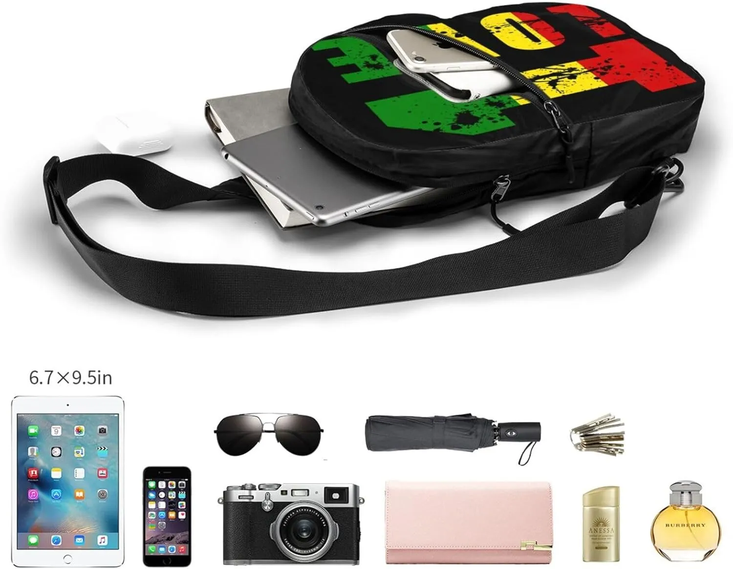 One Loves Jamaican Rasta Reggae Portable Sling Bags Packable Crossbody Bag Foldable Sport Daypack Reusable Shoulder Backpack Diagonally Chest Bag for Workout Travel