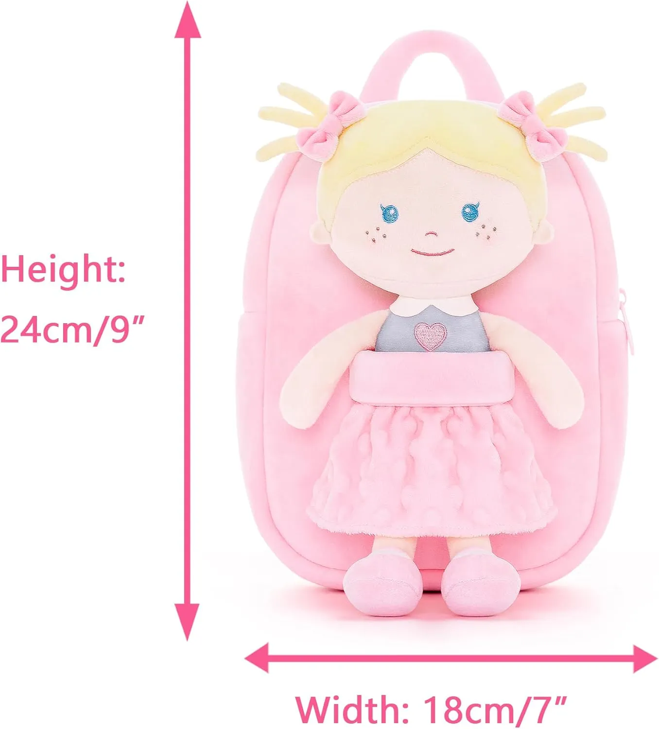 Onetoo Toddler Backpack Kids Backpacks with Soft Light Baby Dolls in Pink Polka Dots Dress 9.5"