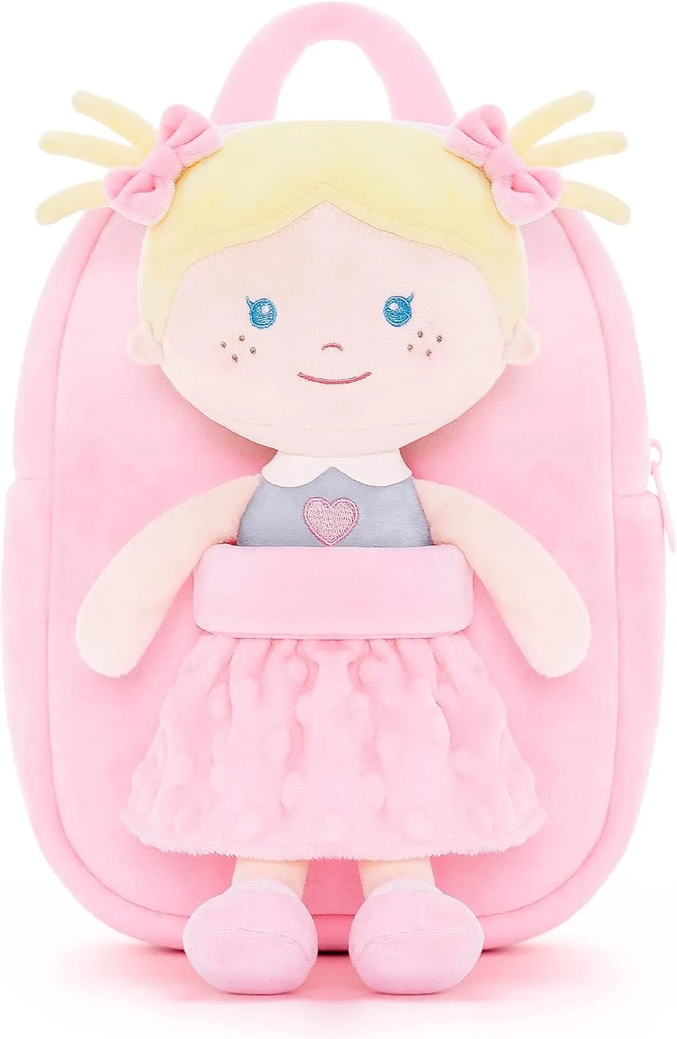 Onetoo Toddler Backpack Kids Backpacks with Soft Light Baby Dolls in Pink Polka Dots Dress 9.5"