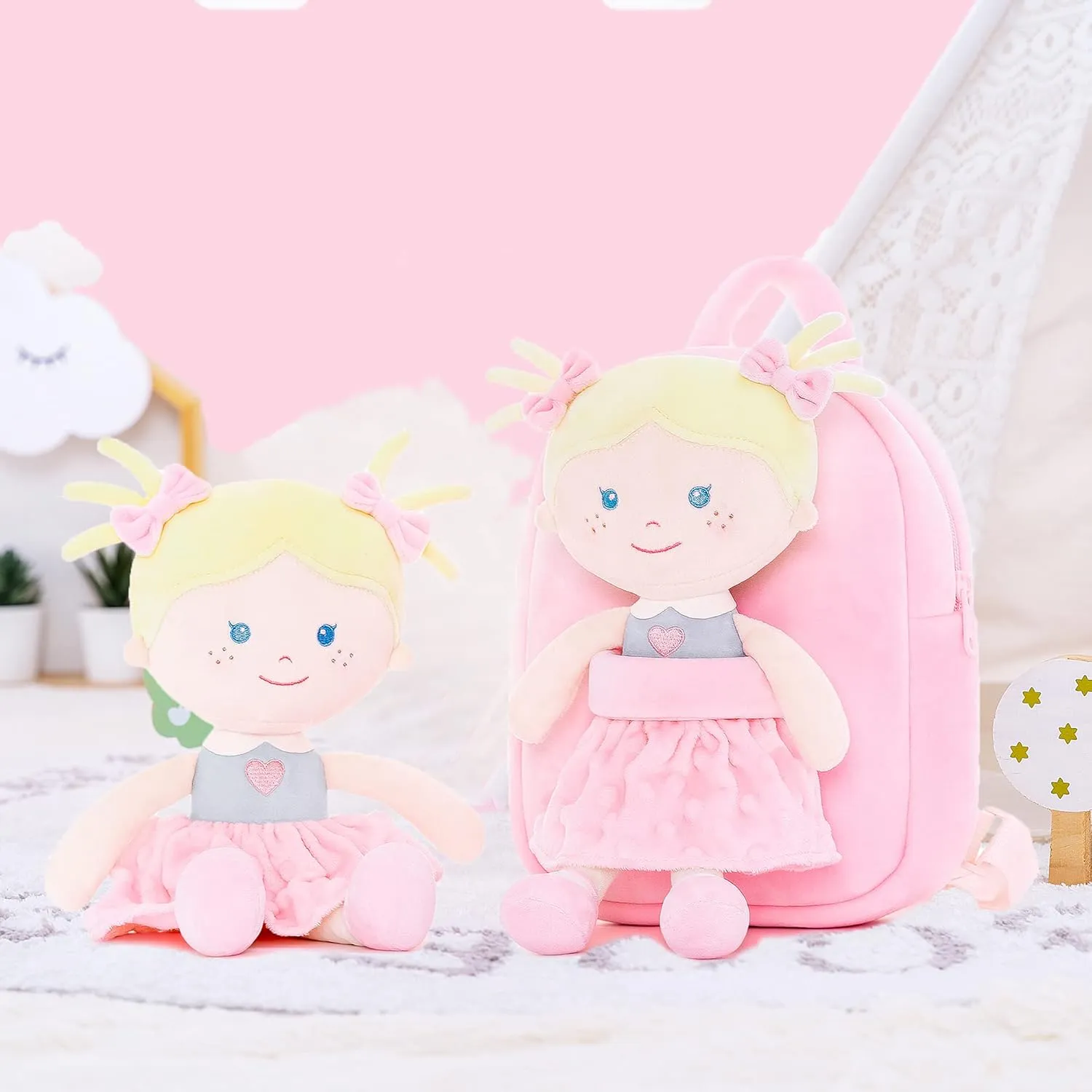 Onetoo Toddler Backpack Kids Backpacks with Soft Light Baby Dolls in Pink Polka Dots Dress 9.5"