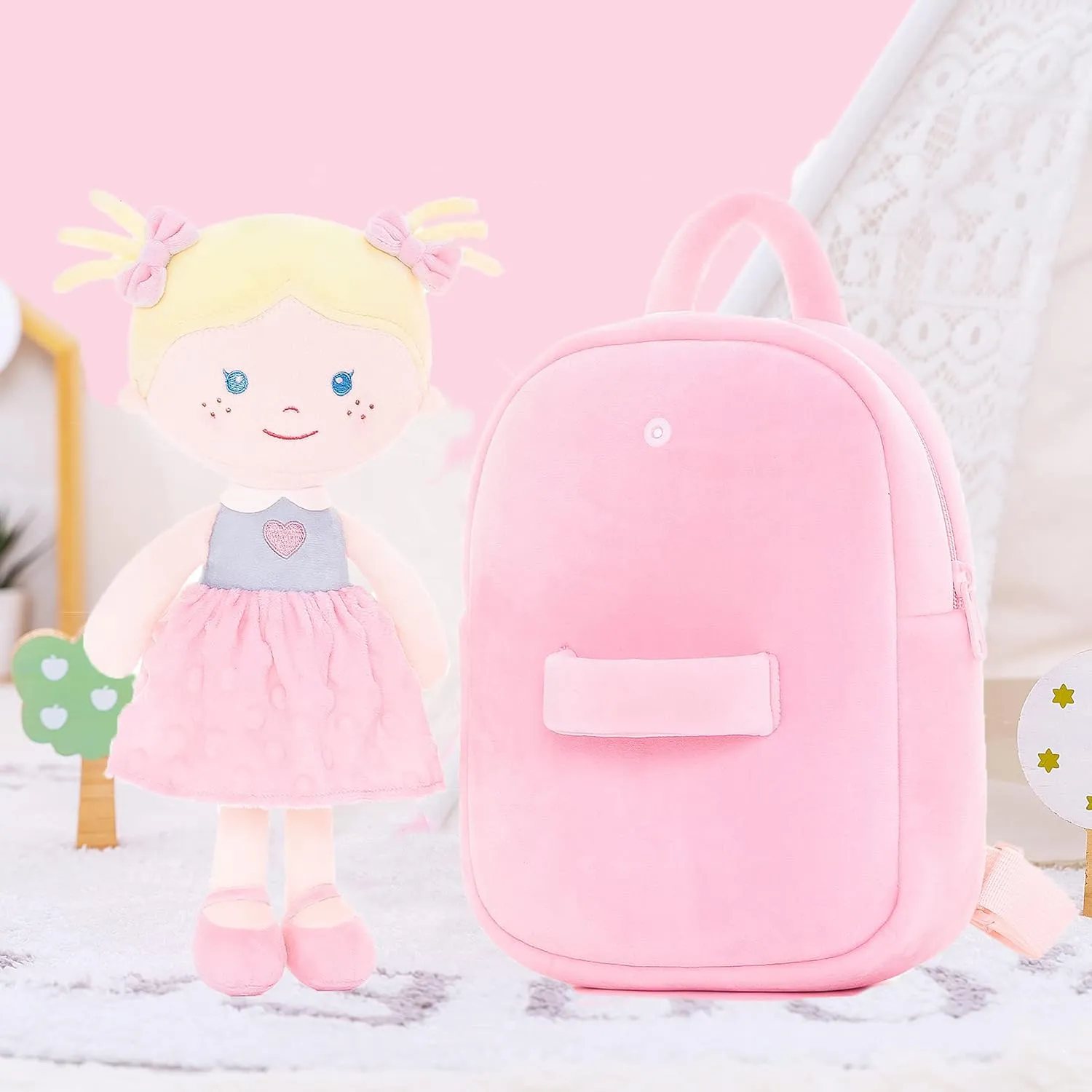 Onetoo Toddler Backpack Kids Backpacks with Soft Light Baby Dolls in Pink Polka Dots Dress 9.5"