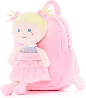 Onetoo Toddler Backpack Kids Backpacks with Soft Light Baby Dolls in Pink Polka Dots Dress 9.5"