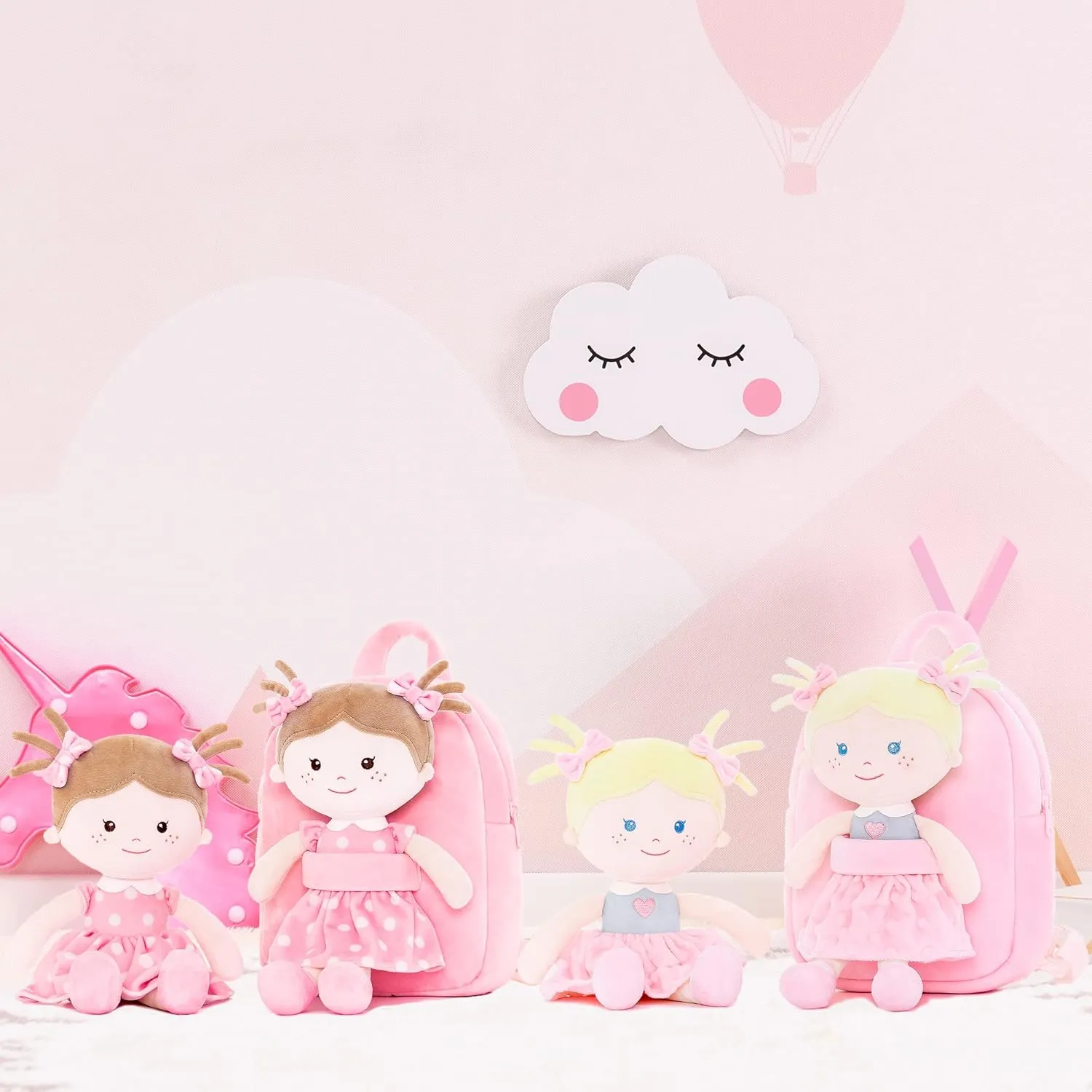 Onetoo Toddler Backpack Kids Backpacks with Soft Light Baby Dolls in Pink Polka Dots Dress 9.5"