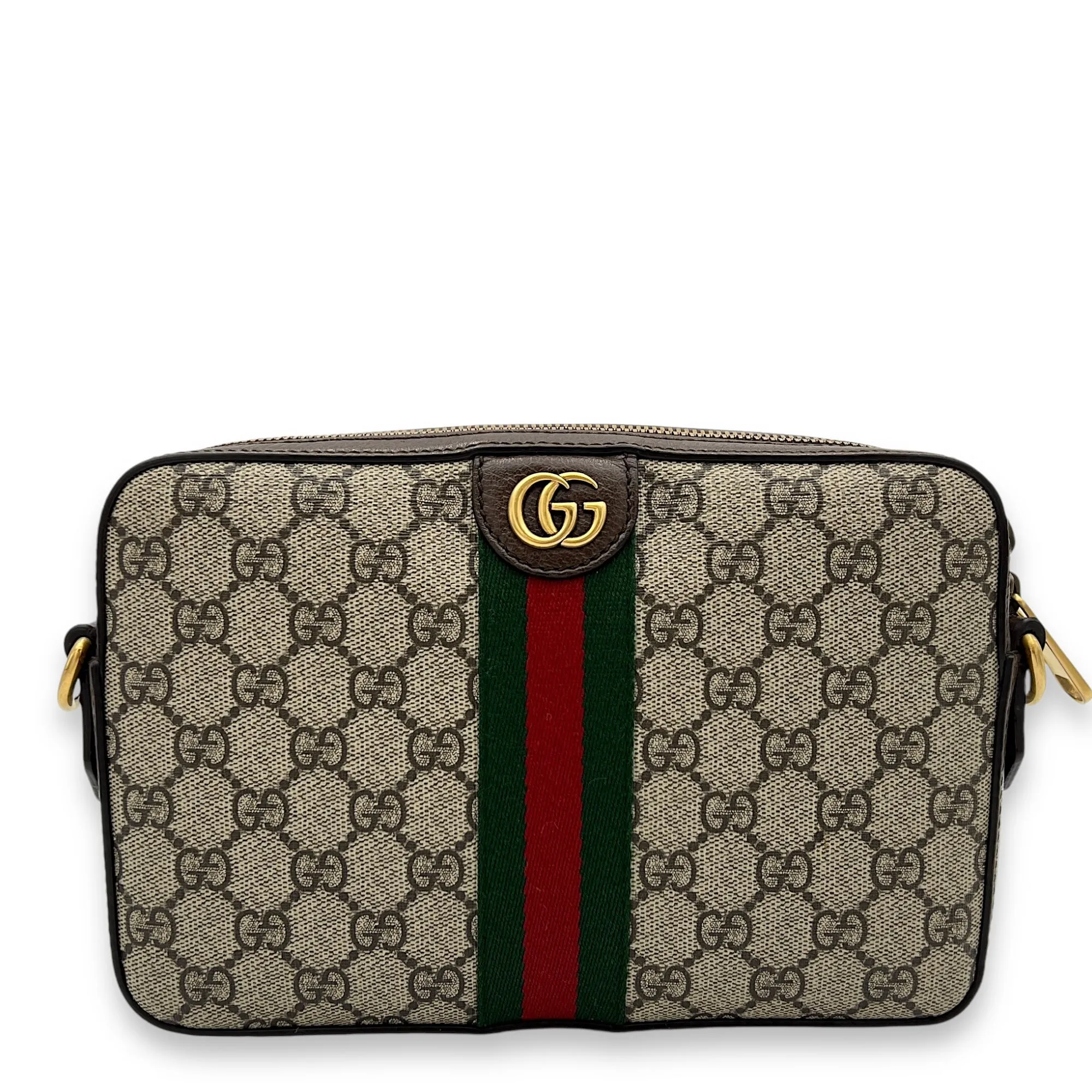 Ophidia Brown Crossbody Bag in Monogram Coated Canvas, Gold hardware