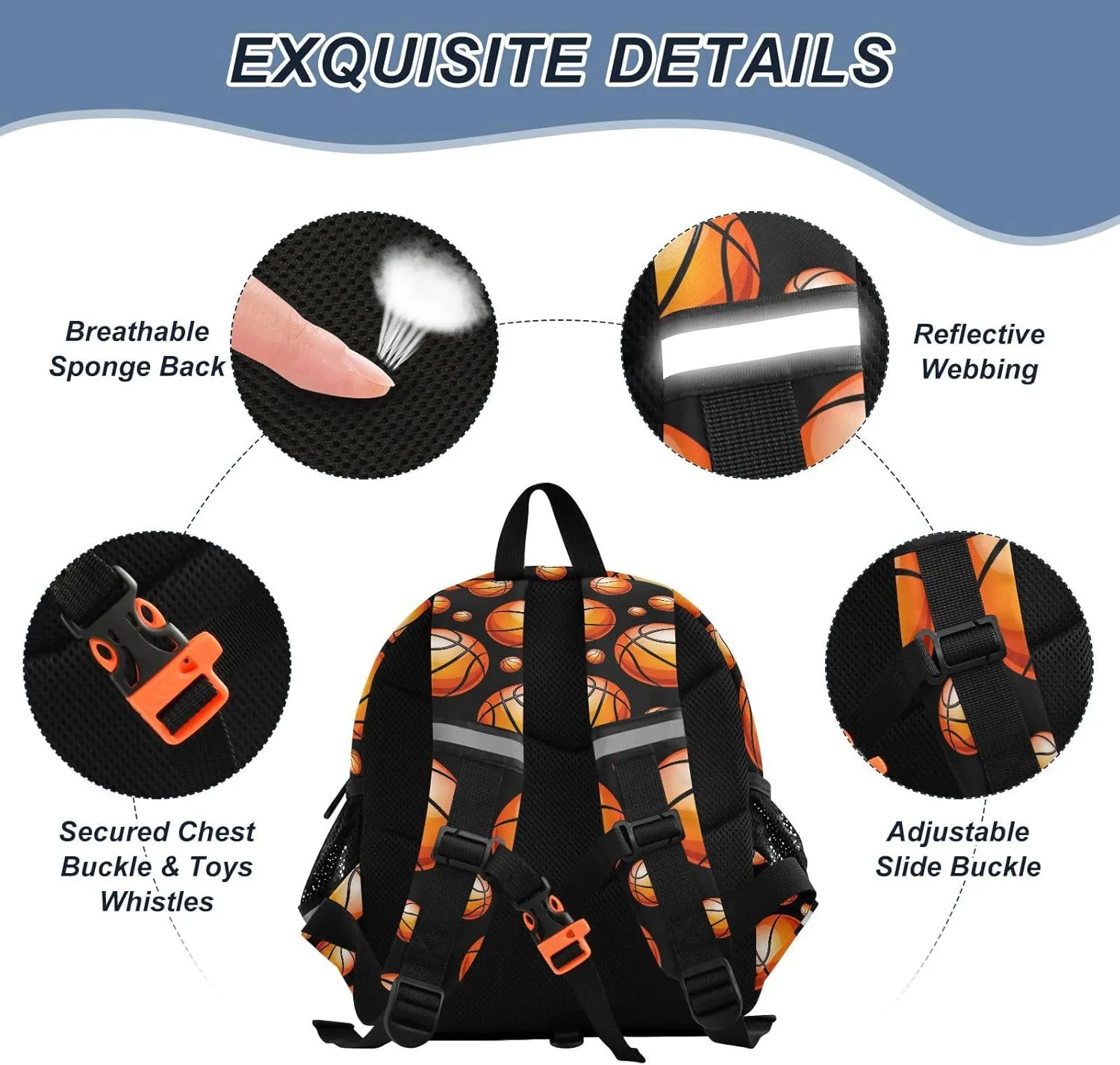 Orange Basketball Preschool Backpack Bal Sport Daycare Bookbag School Backpack with Traction Rope Fashion Casual Cartoon School Travel Picnic Birthday for Kids 3-6