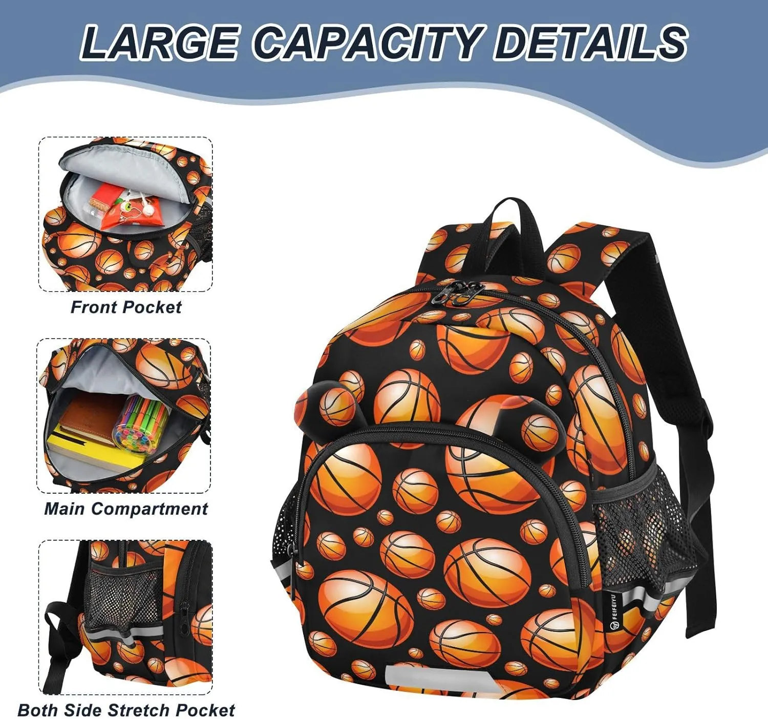 Orange Basketball Preschool Backpack Bal Sport Daycare Bookbag School Backpack with Traction Rope Fashion Casual Cartoon School Travel Picnic Birthday for Kids 3-6