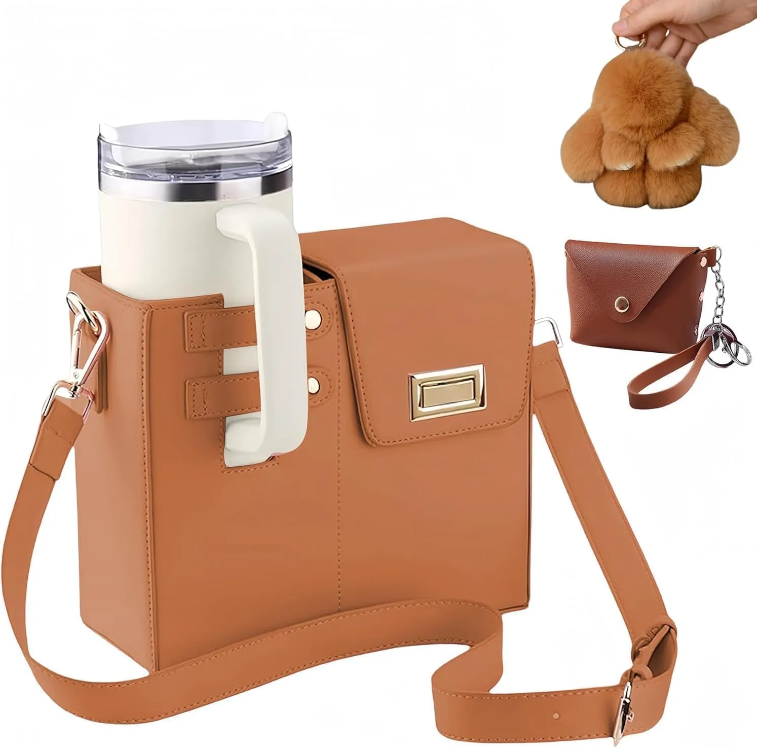 Outdoor Portable Crossbody Water Cup Storage Bag Compatible with Stanley & Most Water Bottles | Includes Coin Purse & Plush Bunny Keychain