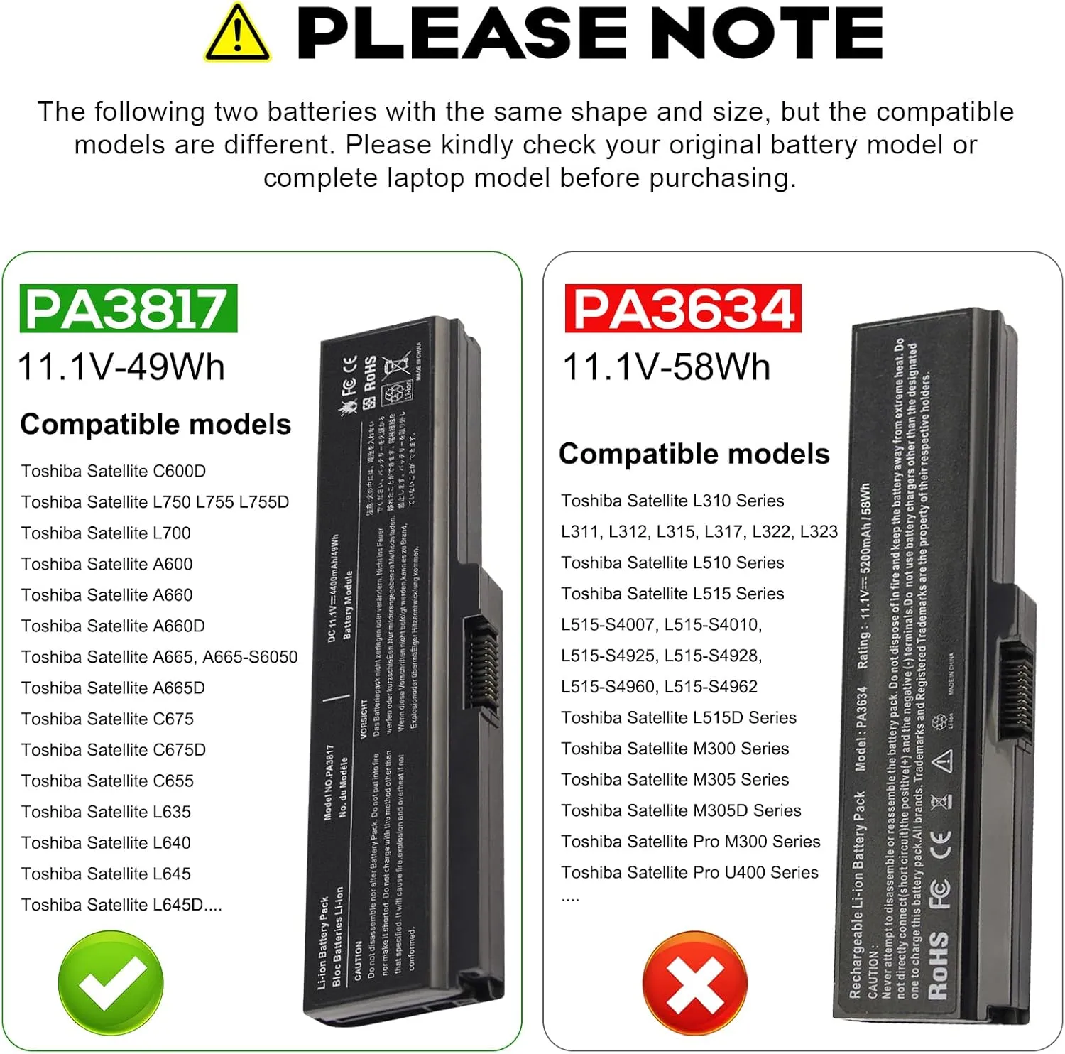 PA3817U-1BRS Battery for Toshiba Satellite L755 C655 M645 L750P L600 L675 L675D L700 L745 L750D L755D M640 P745 Series, Fit PA3818u-1BRS PA3819U-1BRS