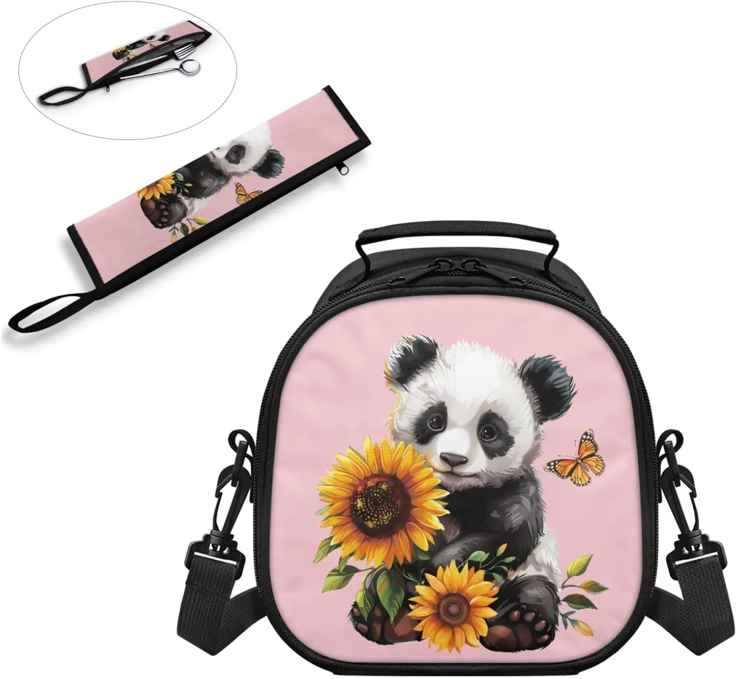 Panda Sunflower Butterfly Lunch Bag with Tableware Carrying Bag for Picnic Camping Utensils 2 Pieces Durable Removable Shoulder Kid Lunch Box Containers and Flatware Case for School