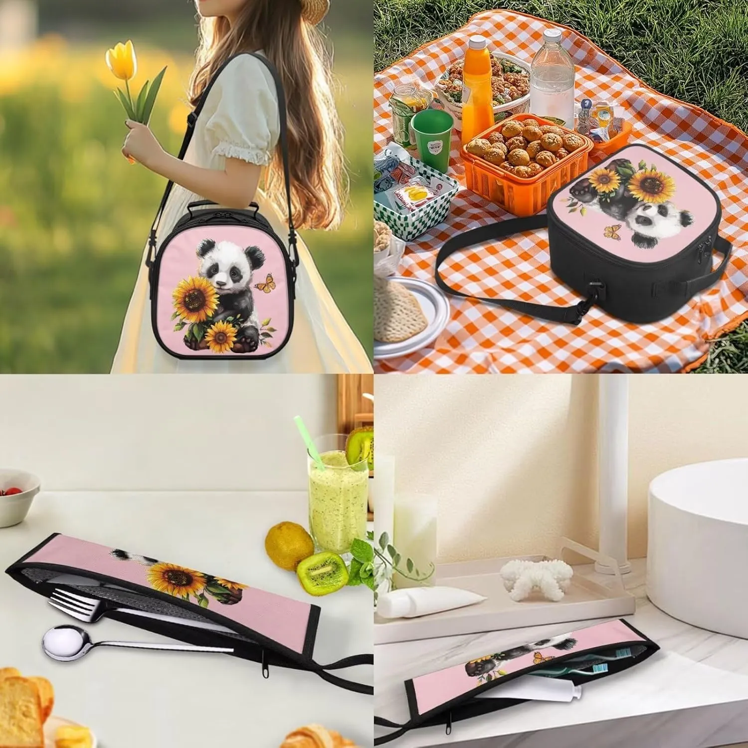 Panda Sunflower Butterfly Lunch Bag with Tableware Carrying Bag for Picnic Camping Utensils 2 Pieces Durable Removable Shoulder Kid Lunch Box Containers and Flatware Case for School