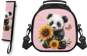 Panda Sunflower Butterfly Lunch Bag with Tableware Carrying Bag for Picnic Camping Utensils 2 Pieces Durable Removable Shoulder Kid Lunch Box Containers and Flatware Case for School