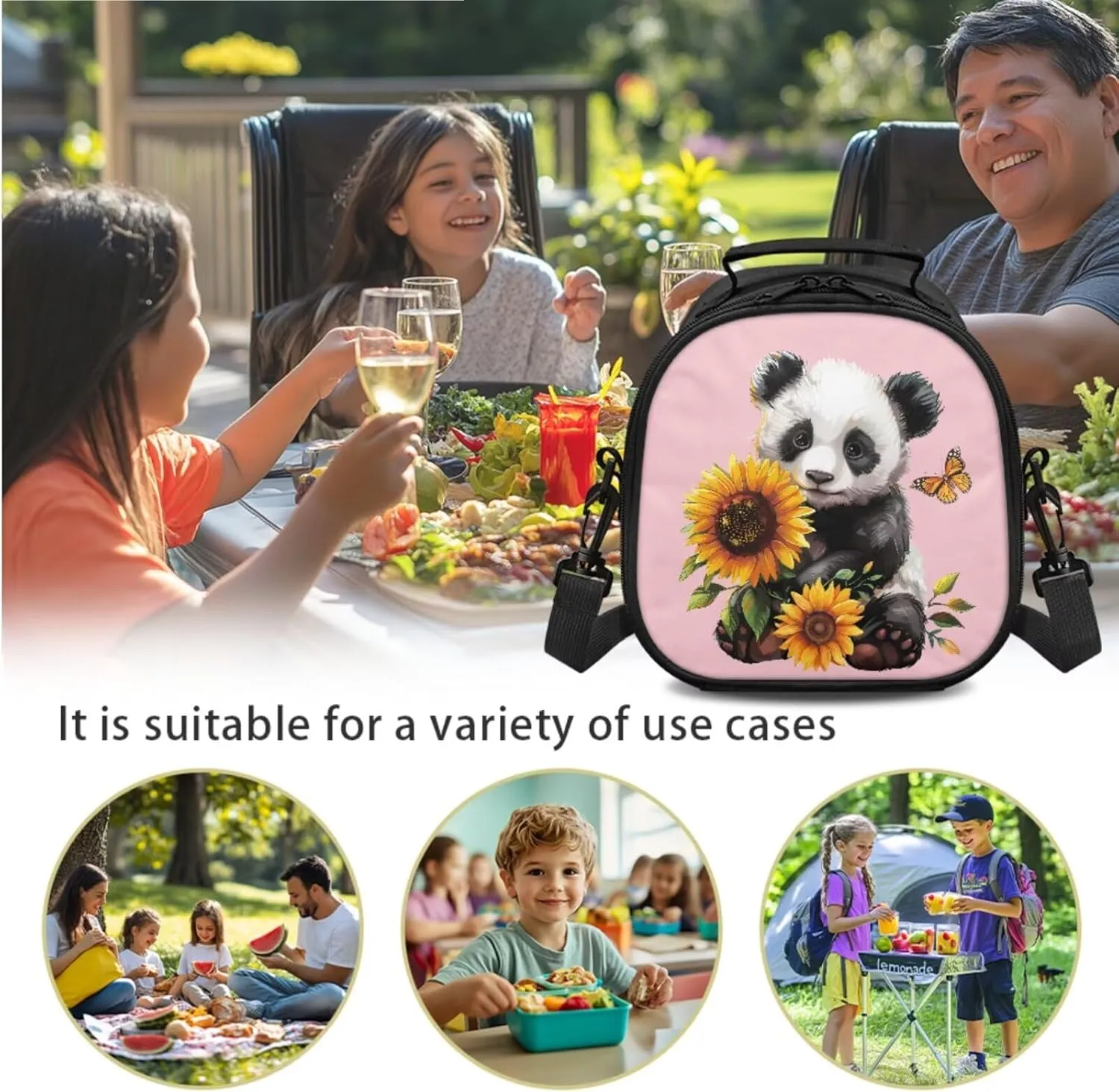 Panda Sunflower Butterfly Lunch Bag with Tableware Carrying Bag for Picnic Camping Utensils 2 Pieces Durable Removable Shoulder Kid Lunch Box Containers and Flatware Case for School
