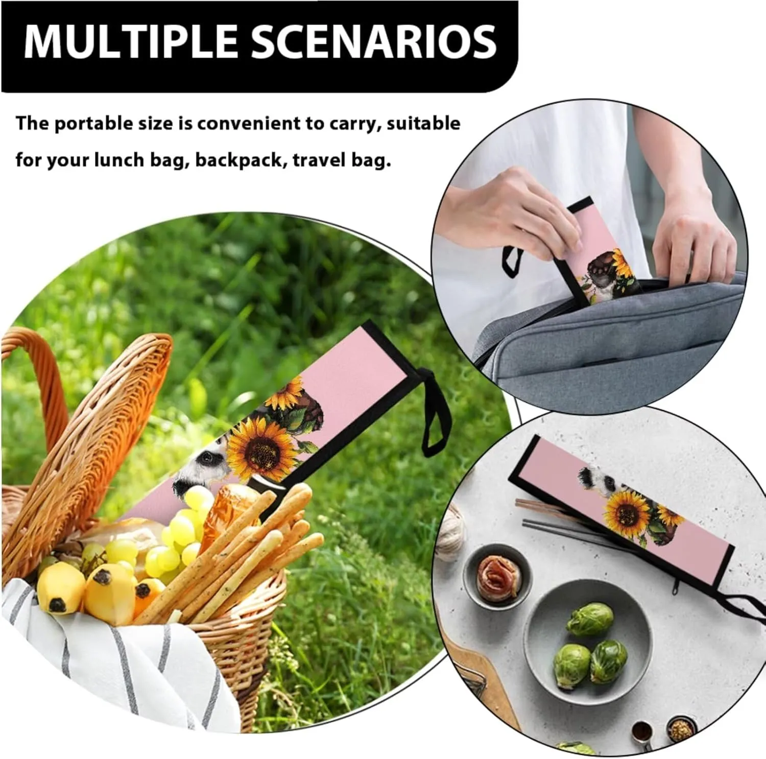 Panda Sunflower Butterfly Lunch Bag with Tableware Carrying Bag for Picnic Camping Utensils 2 Pieces Durable Removable Shoulder Kid Lunch Box Containers and Flatware Case for School