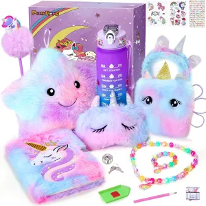 PERRYHOME Unicorns Gifts for Girls Age 4 5 6 7 8 9 10  Birthday Back to School Day Gifts,Soft Plush Toys Set with Light-up Star Pillow,DIY 900ML Bottle,Diary,Coin Purse,Unicorn Plush Accessory