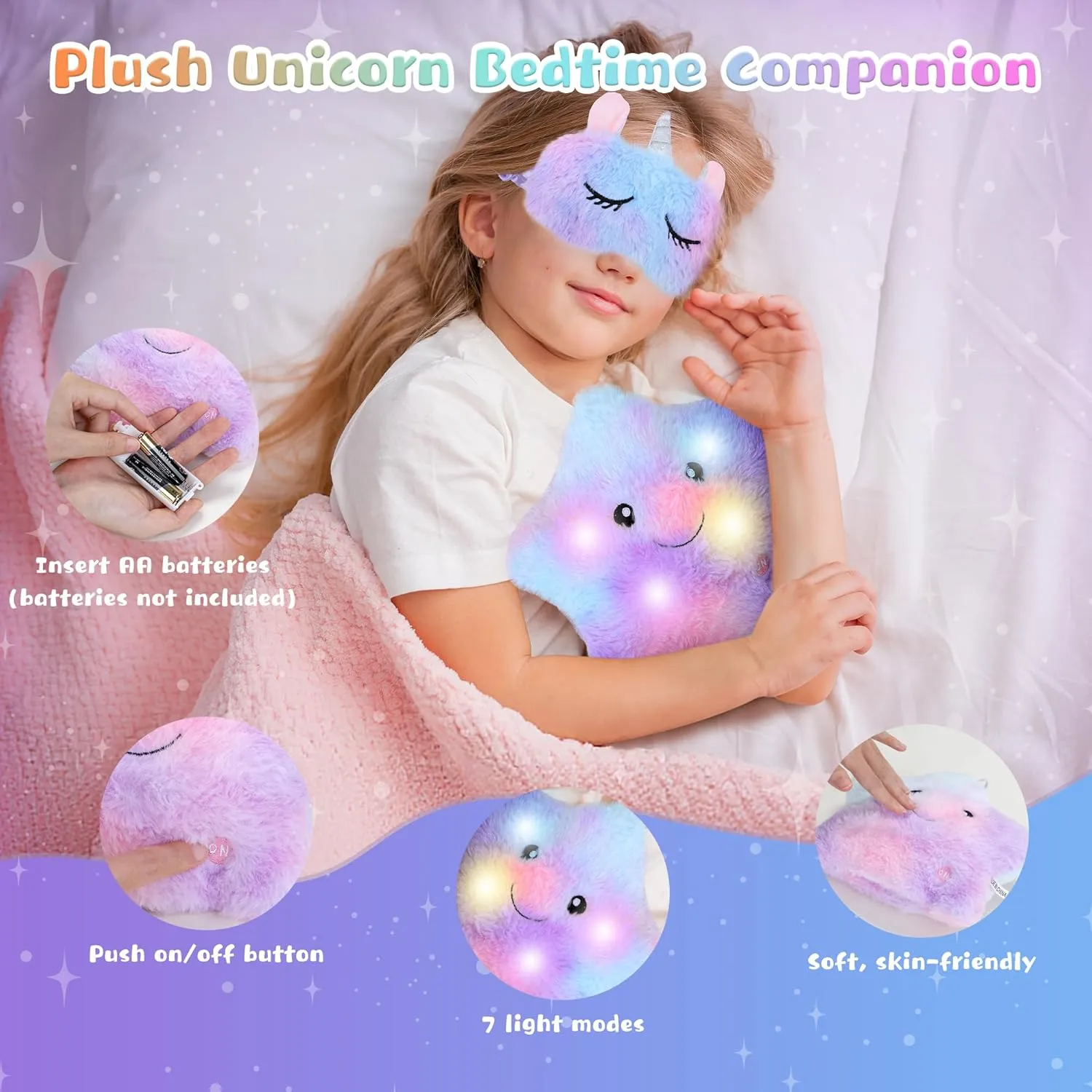 PERRYHOME Unicorns Gifts for Girls Age 4 5 6 7 8 9 10  Birthday Back to School Day Gifts,Soft Plush Toys Set with Light-up Star Pillow,DIY 900ML Bottle,Diary,Coin Purse,Unicorn Plush Accessory