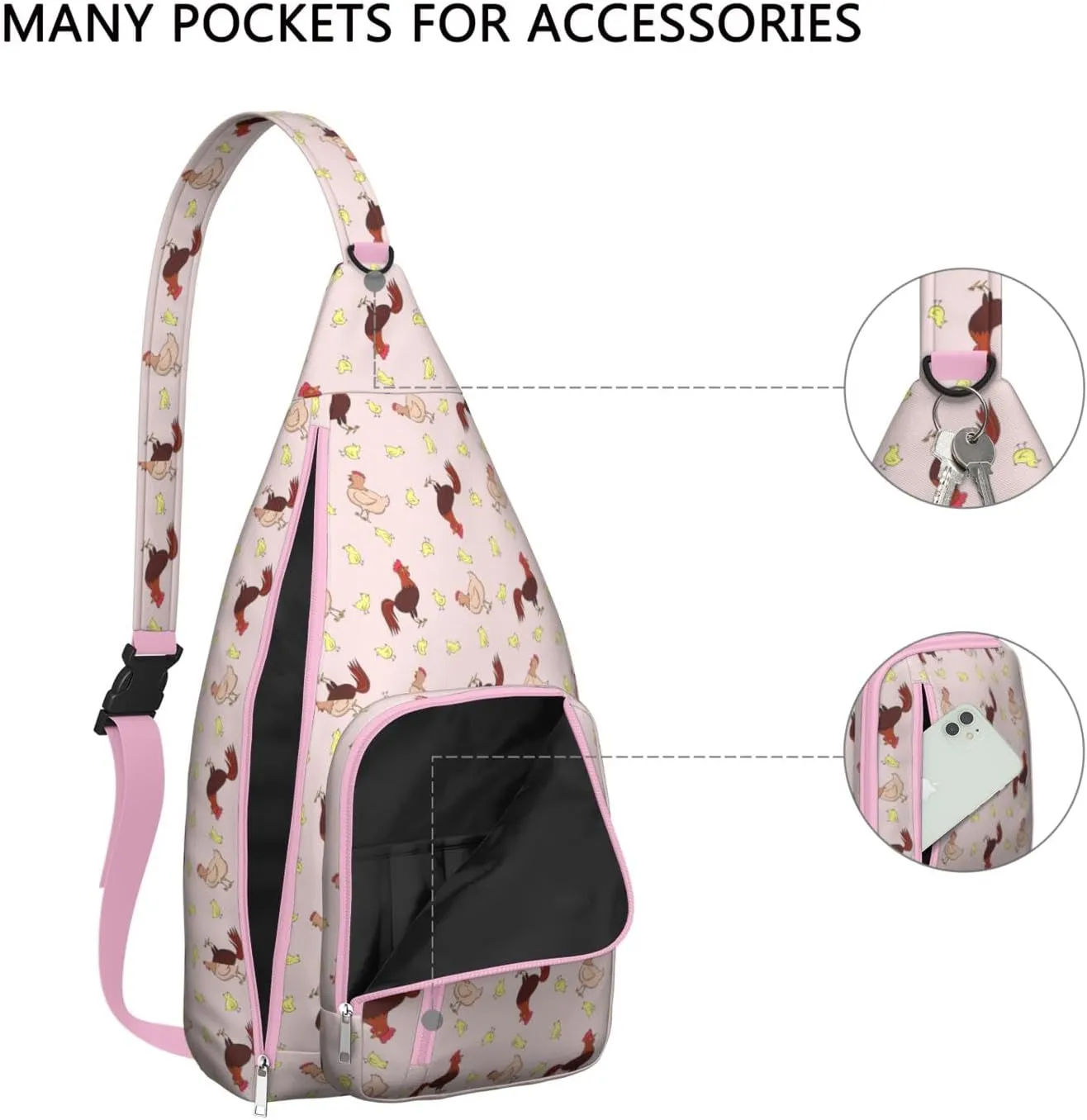 Pinik Rooster Family Crossbody Bag Daypack for Women Men Lightweight Waterproof Sling Bag Backpack Hiking Cycling