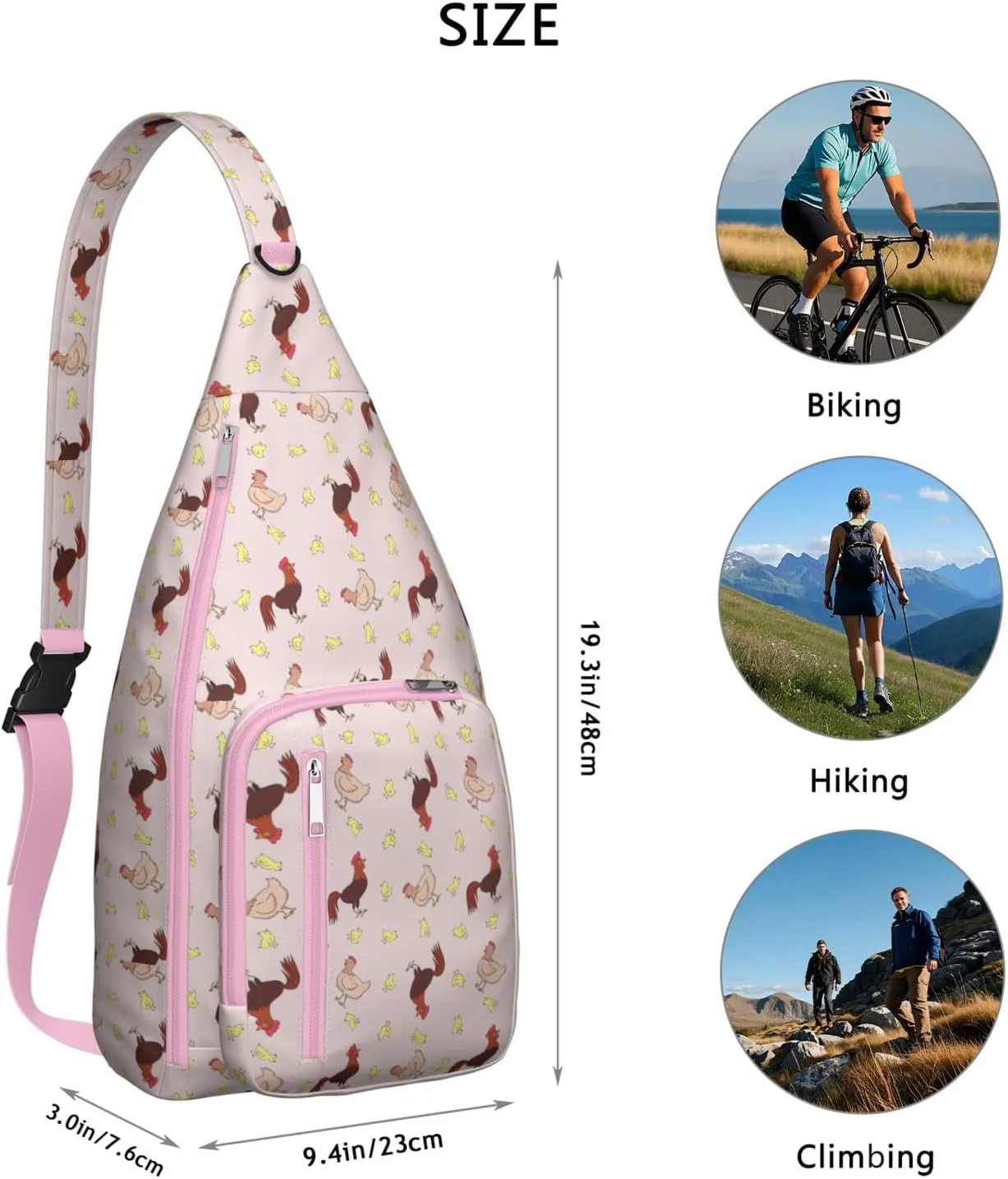 Pinik Rooster Family Crossbody Bag Daypack for Women Men Lightweight Waterproof Sling Bag Backpack Hiking Cycling
