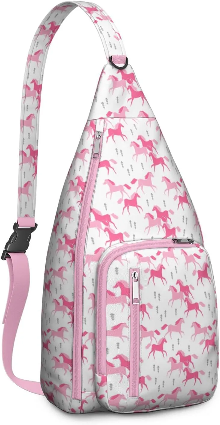 Pink Horses Crossbody Bag Daypack for Women Men Lightweight Waterproof Sling Bag Backpack Hiking Cycling