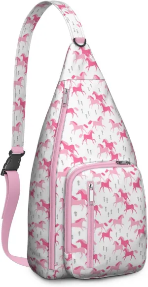 Pink Horses Crossbody Bag Daypack for Women Men Lightweight Waterproof Sling Bag Backpack Hiking Cycling