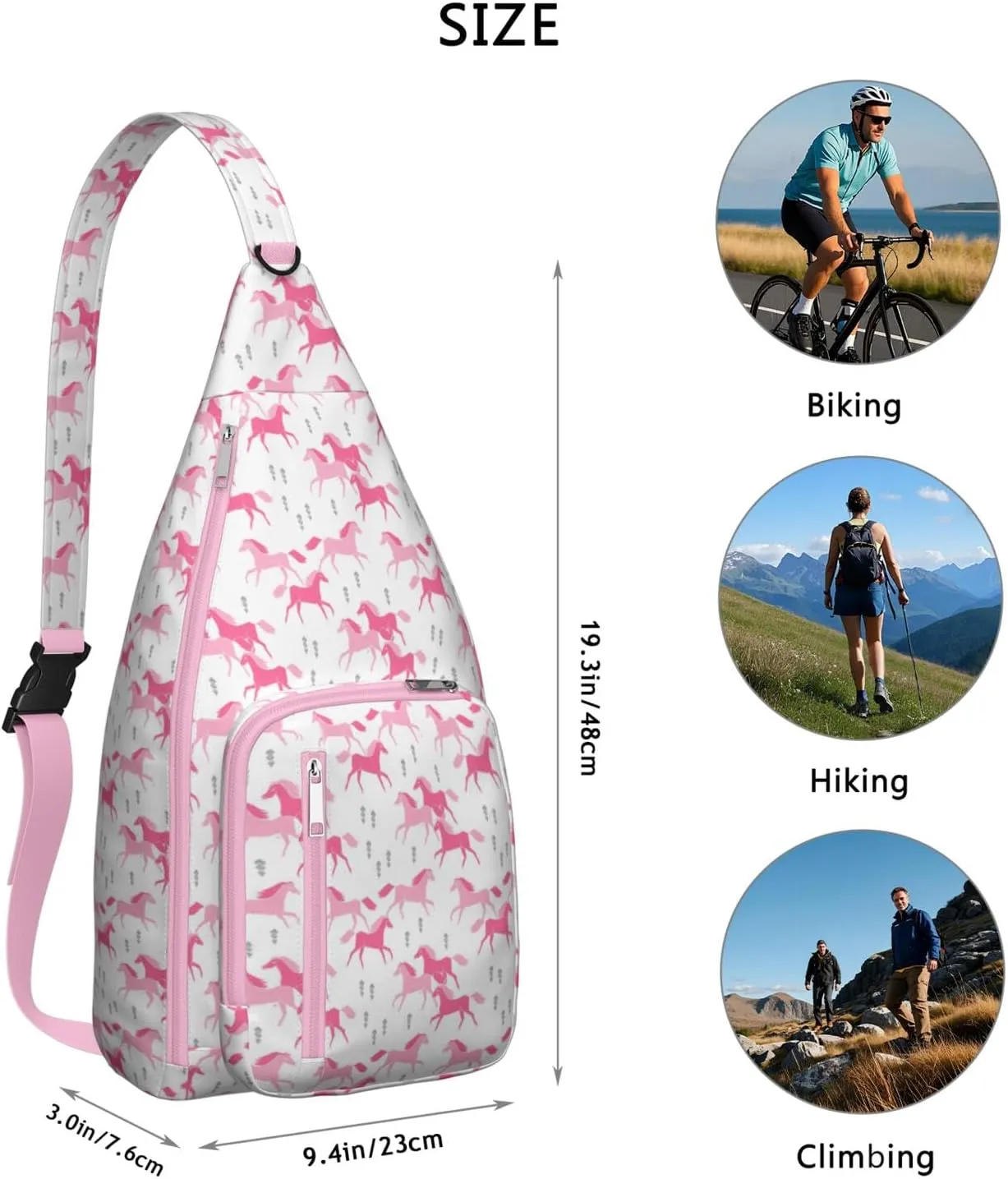 Pink Horses Crossbody Bag Daypack for Women Men Lightweight Waterproof Sling Bag Backpack Hiking Cycling