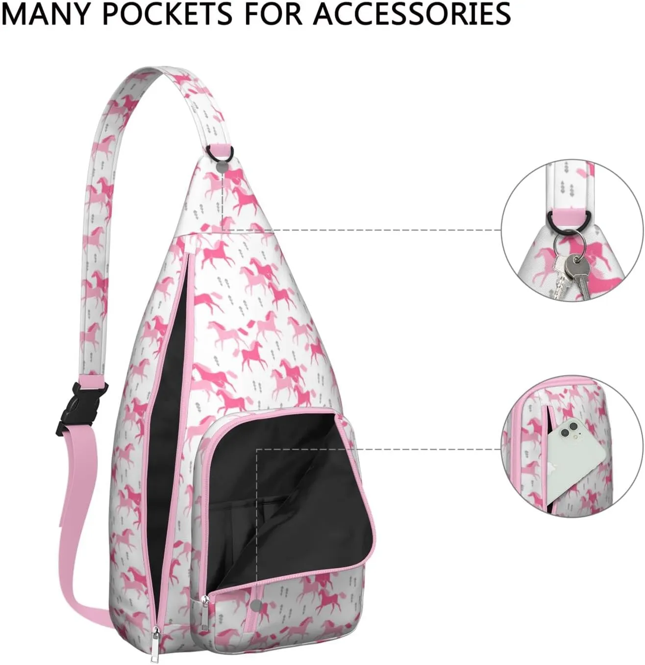 Pink Horses Crossbody Bag Daypack for Women Men Lightweight Waterproof Sling Bag Backpack Hiking Cycling