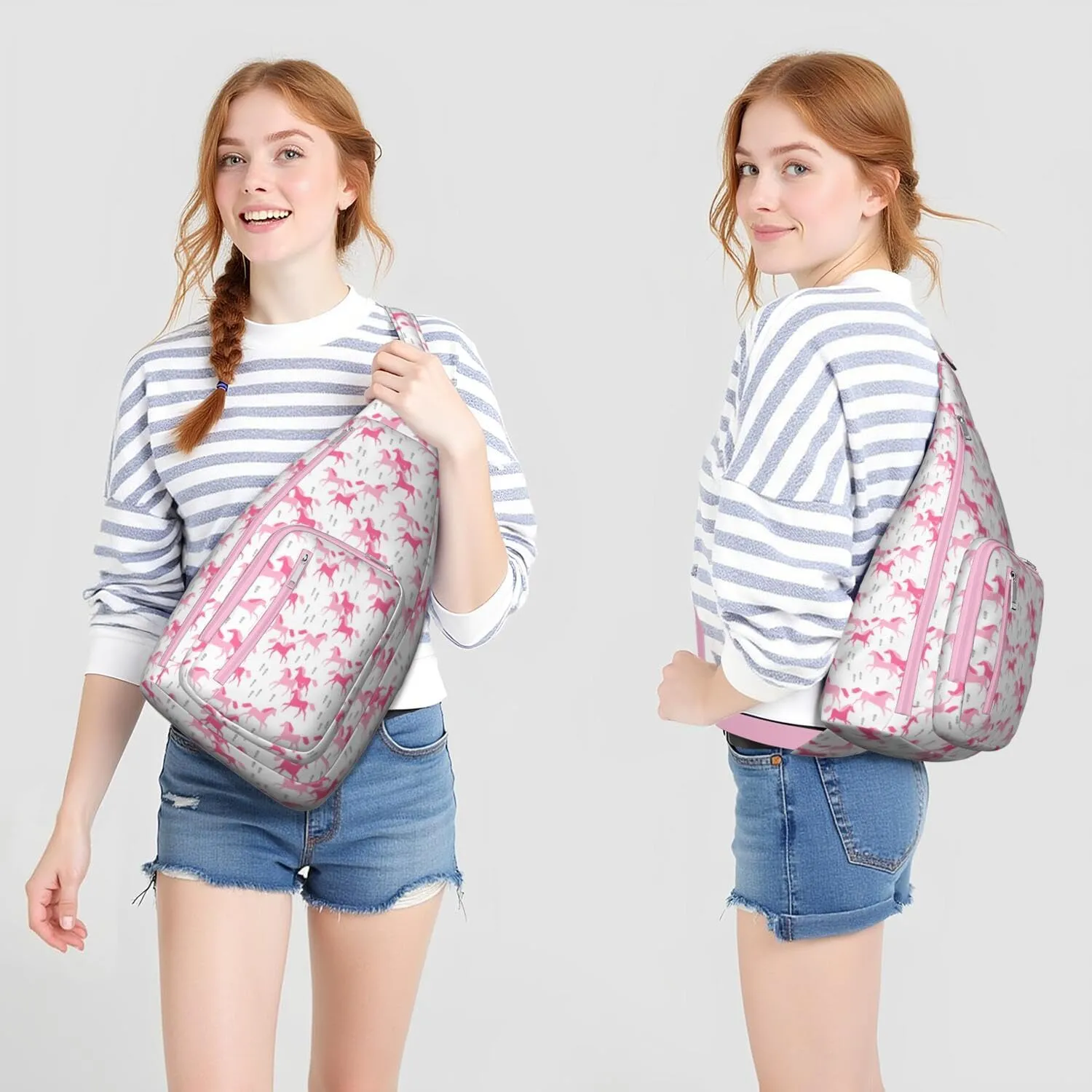 Pink Horses Crossbody Bag Daypack for Women Men Lightweight Waterproof Sling Bag Backpack Hiking Cycling