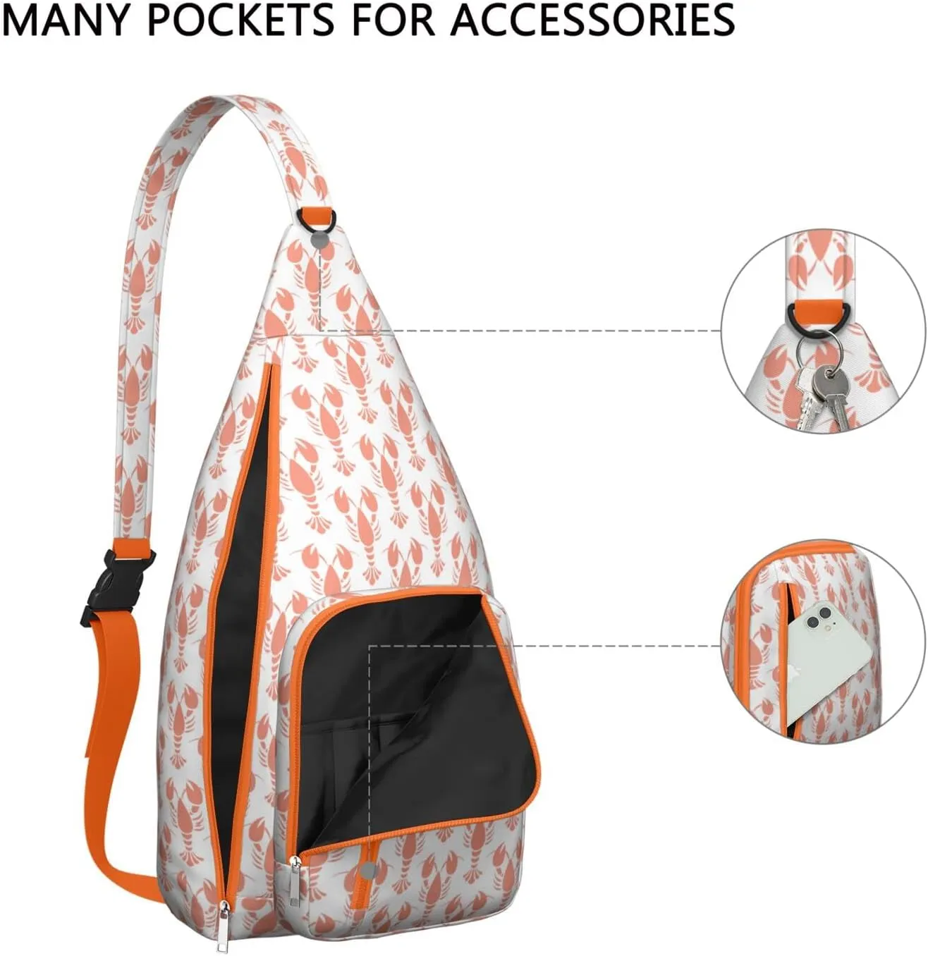 Pink Lobster Crossbody Bag Daypack for Women Men Lightweight Waterproof Sling Bag Backpack Hiking Cycling