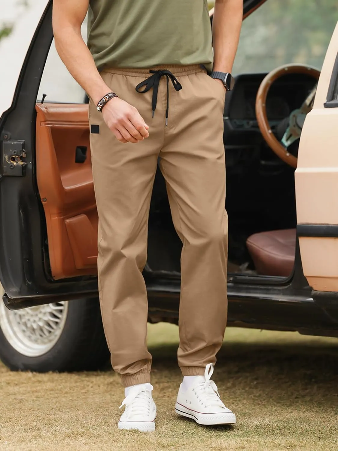 PLEPAN Mens Casual Cargo Joggers - Cotton Drawstring Chino Pants Hiking Outdoor Twill Track Jogging Sweatpants