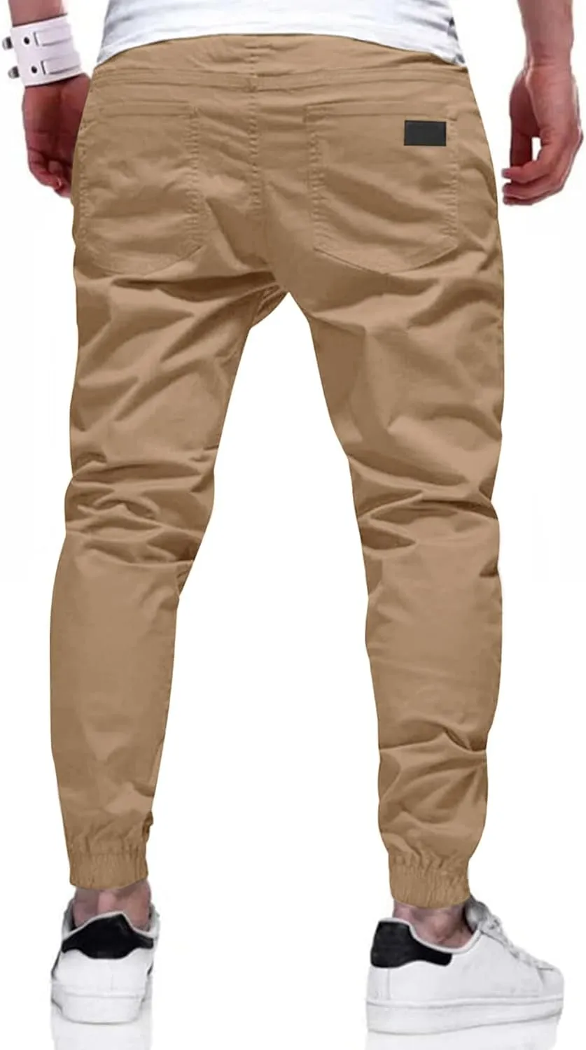 PLEPAN Mens Casual Cargo Joggers - Cotton Drawstring Chino Pants Hiking Outdoor Twill Track Jogging Sweatpants