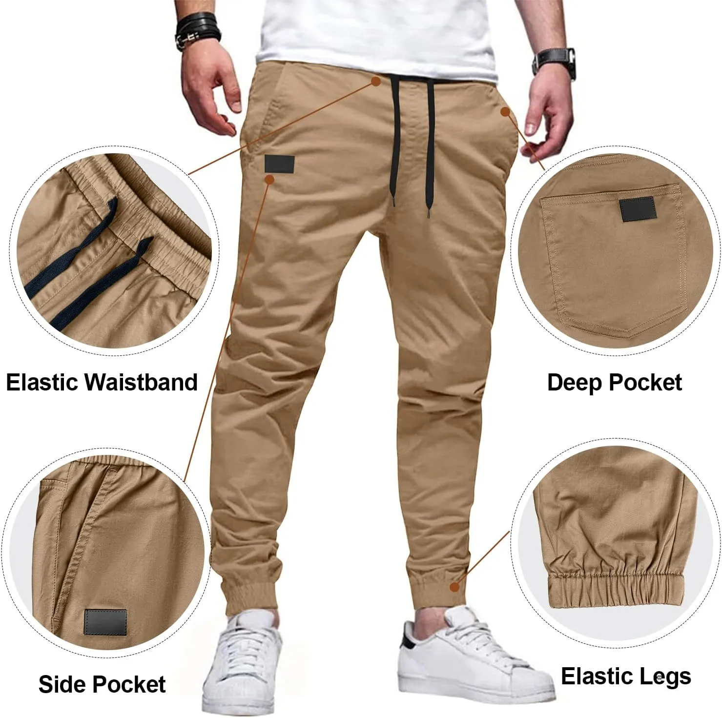 PLEPAN Mens Casual Cargo Joggers - Cotton Drawstring Chino Pants Hiking Outdoor Twill Track Jogging Sweatpants