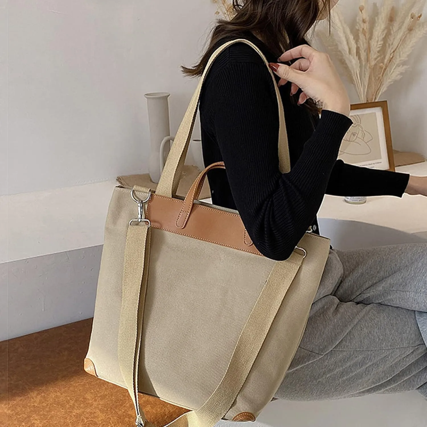 PORRASSO Women Shoulder Bag Casual Handbag Ladies Large Crossbody Bag Canvas