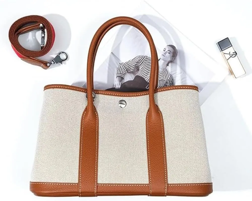 Portable Cowhide tote for women,Women's Bag Garden,Canvas With Top Layer Cowhide Countercolor Shoulder Tote Bag